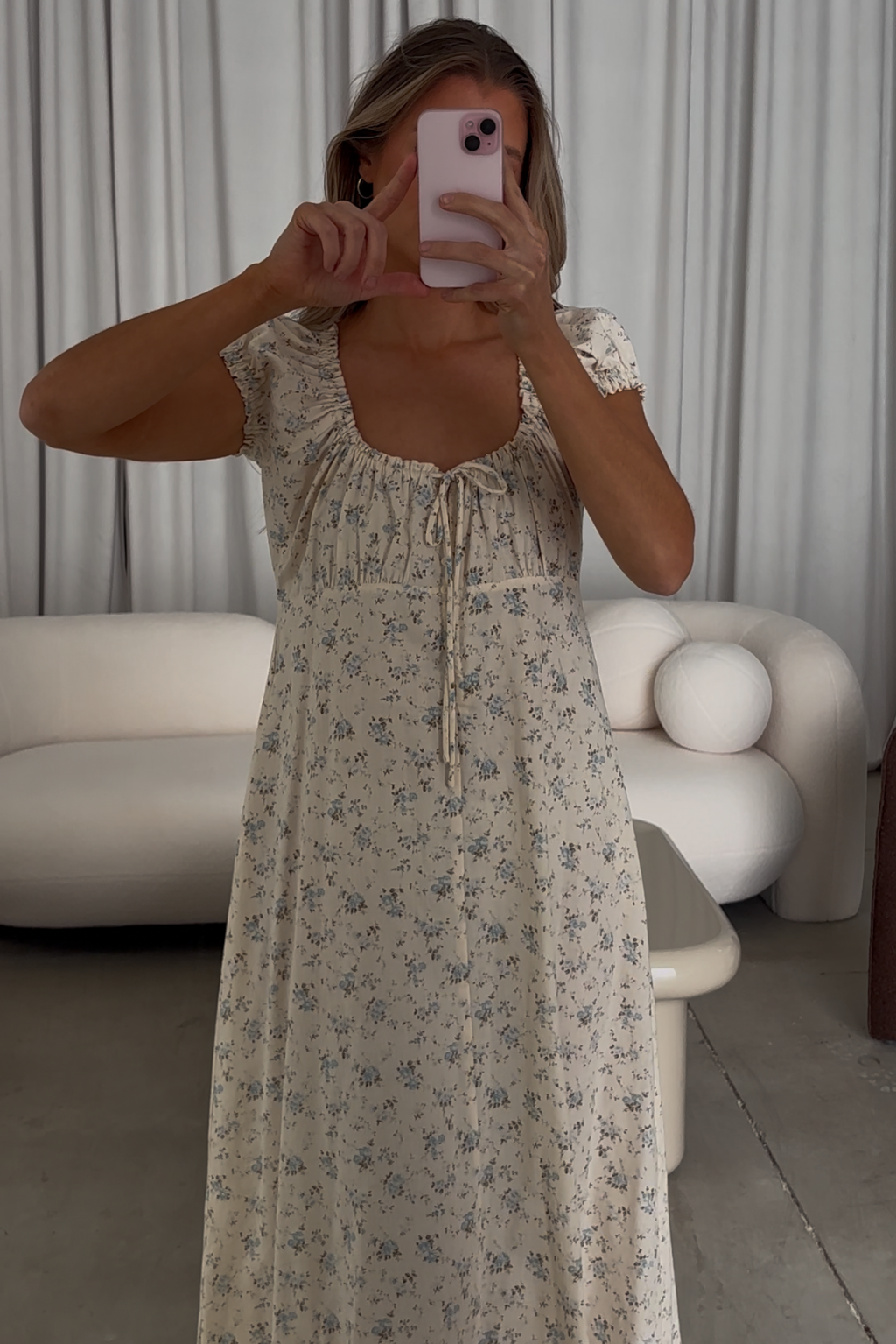 Marley 100% Cotton Midi Dress - Ivory & Blue Floral Print | Bump Friendly Maternity Dress | Perfect for Baby Showers, Brunch & Summer Outings