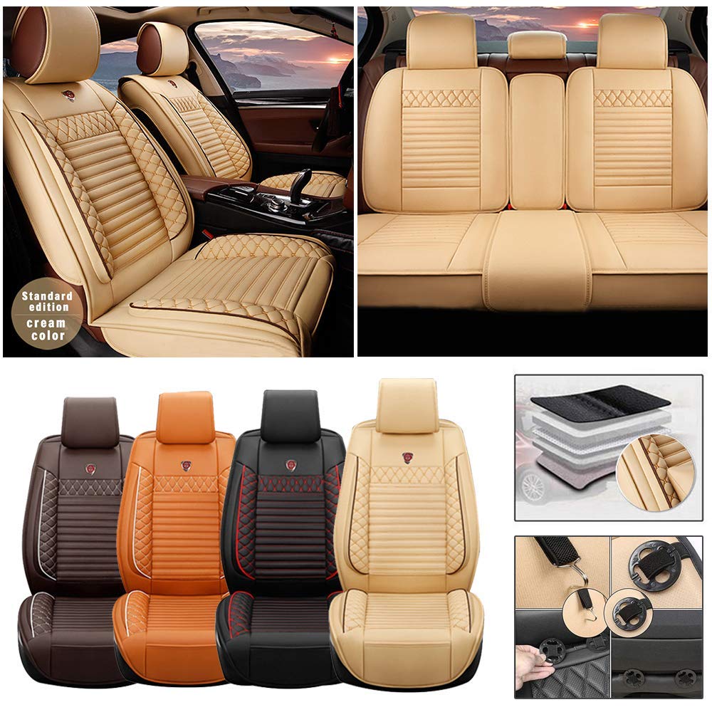 DBL Full Set PU Leatherette Car Seat Covers for Lincoln MKC MKS MKX MKZ - Airbag Compatible Beige Seat Protector Cushions | Premium Fit for Road Trips & Daily Commute
