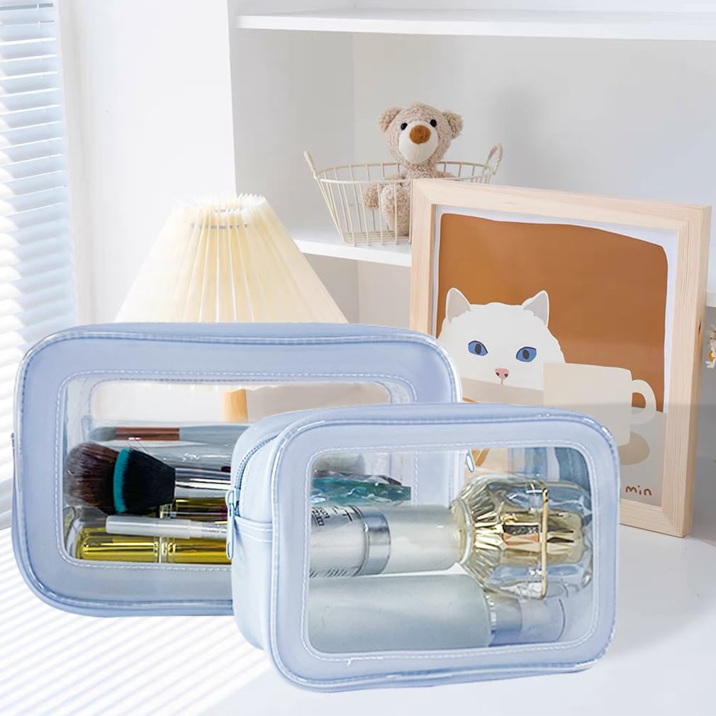ONEART 2-Piece Light Blue Clear Makeup Toiletry Bags - Waterproof Travel Cosmetic Organizer & Transparent Storage Pouch for Makeup Brushes, Skincare, Jewelry | Perfect for Vacation, Gym, Beach Trips & Daily Organization