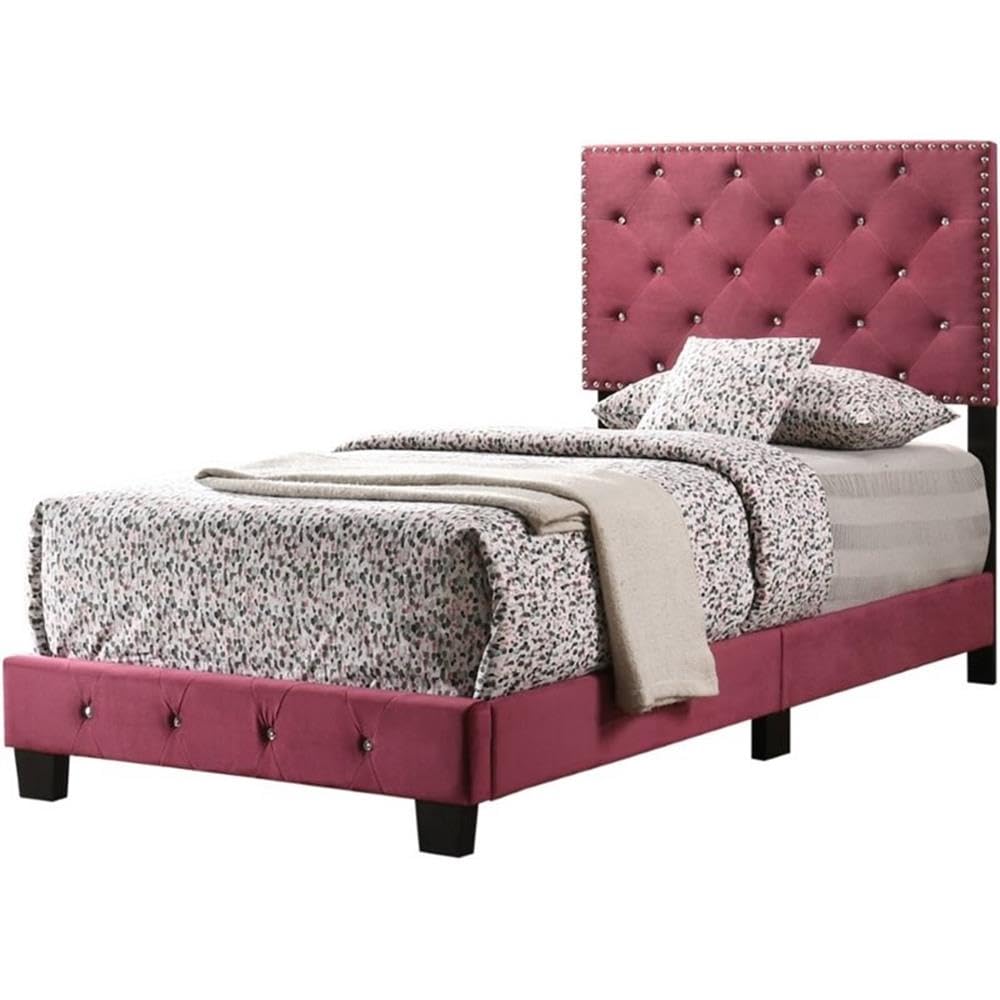 Glory Furniture Suffolk Velvet Upholstered Twin Bed Frame with Cherry Finish - Perfect for Kids' Bedroom, Guest Room & Small Spaces