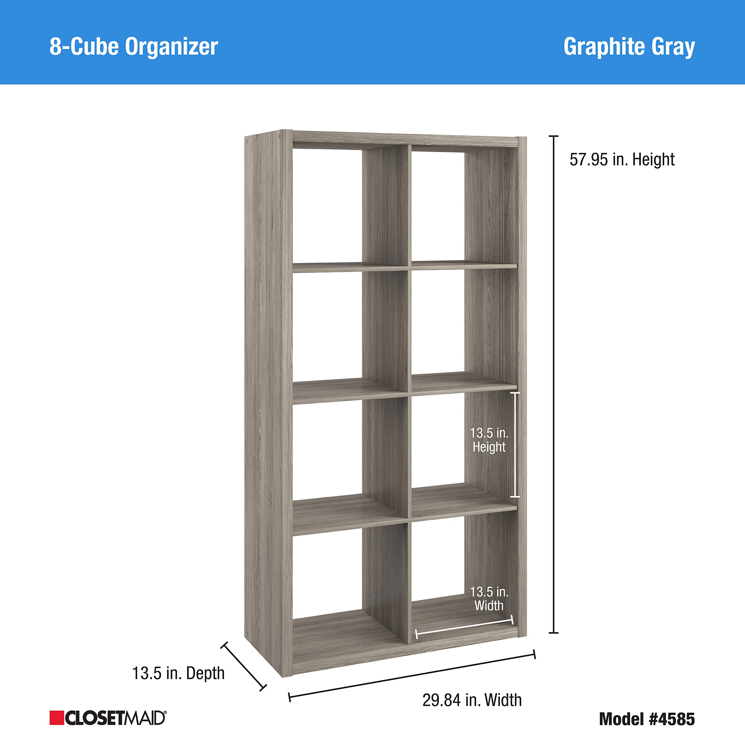 ClosetMaid 8-Cube Heavy Duty Wooden Bookcase Shelf - Open Back Storage Organizer for Home, Closet, Office & Toys (Graphite Gray) | Perfect for Living Room, Bedroom & Kids Room Organization