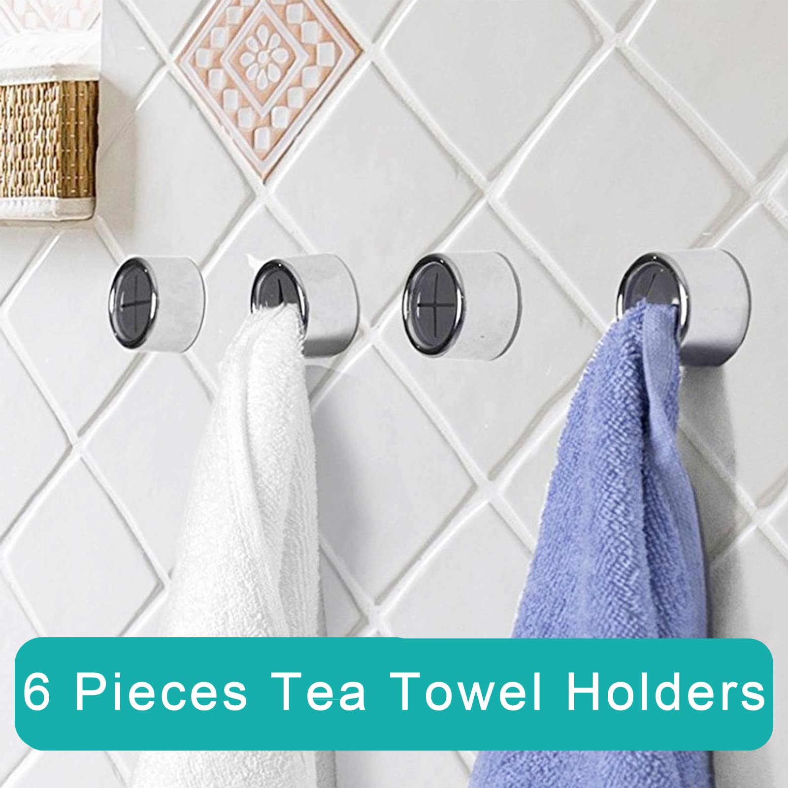 6-Pack Self-Adhesive Push Hooks - No Drill Wall & Door Mounted Towel Hooks for Kitchen, Bathroom, Cabinet - Strong Adhesive Hanging Hooks for Towels, Dish Rags, Robes & More (Perfect for Small Spaces & Rentals)