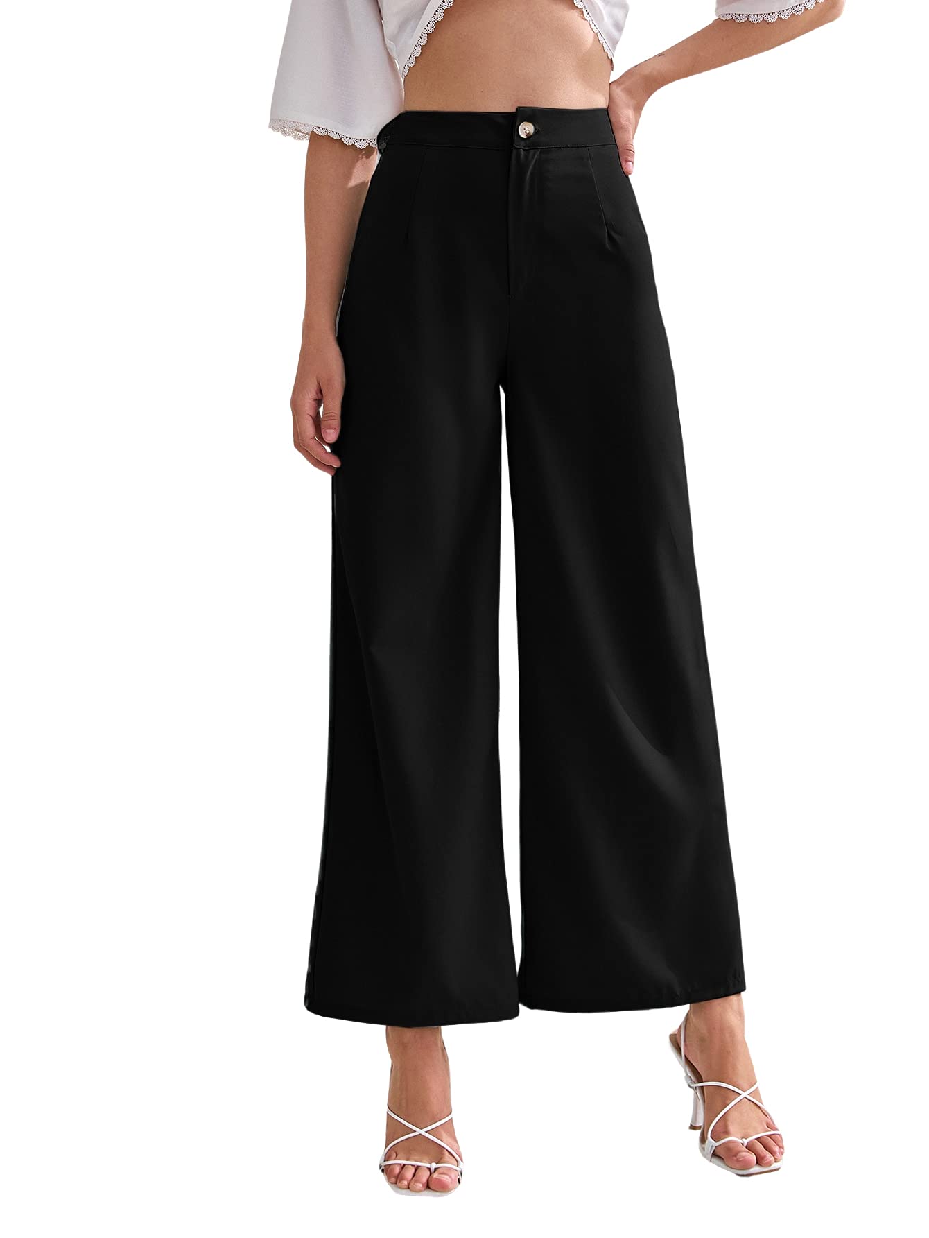 MakeMeChic Women's High Waist Wide Leg Pants - Elegant Solid Color Loose Fit Trousers for Office, Travel & Casual Wear
