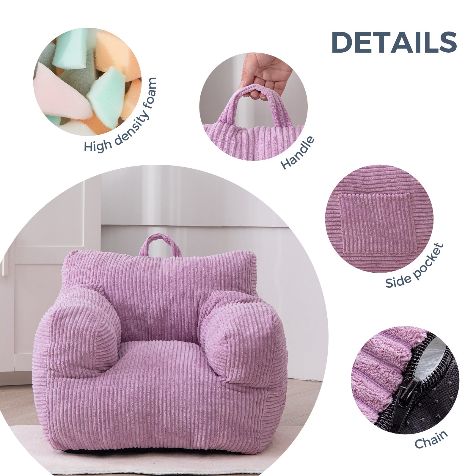 MAXYOYO Kids Bean Bag Chair - Soft Corduroy Bean Bag Couch with Armrests for Children's Room, Playroom & Bedroom - Comfortable Seating for Reading, Gaming & Relaxing (Purple)
