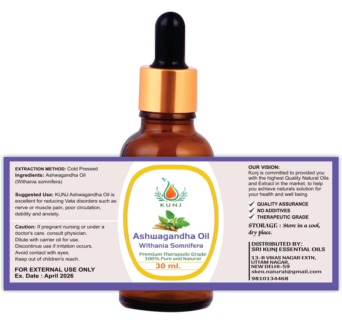 Organic KUNJ Ashwagandha Oil - 100% Pure Cold Pressed for Hair Growth, Skin Care & Stress Relief (30ml) | Natural Ayurvedic Remedy for Dry Scalp, Wrinkles & Aromatherapy | Perfect for Massage, DIY Beauty & Holistic Wellness