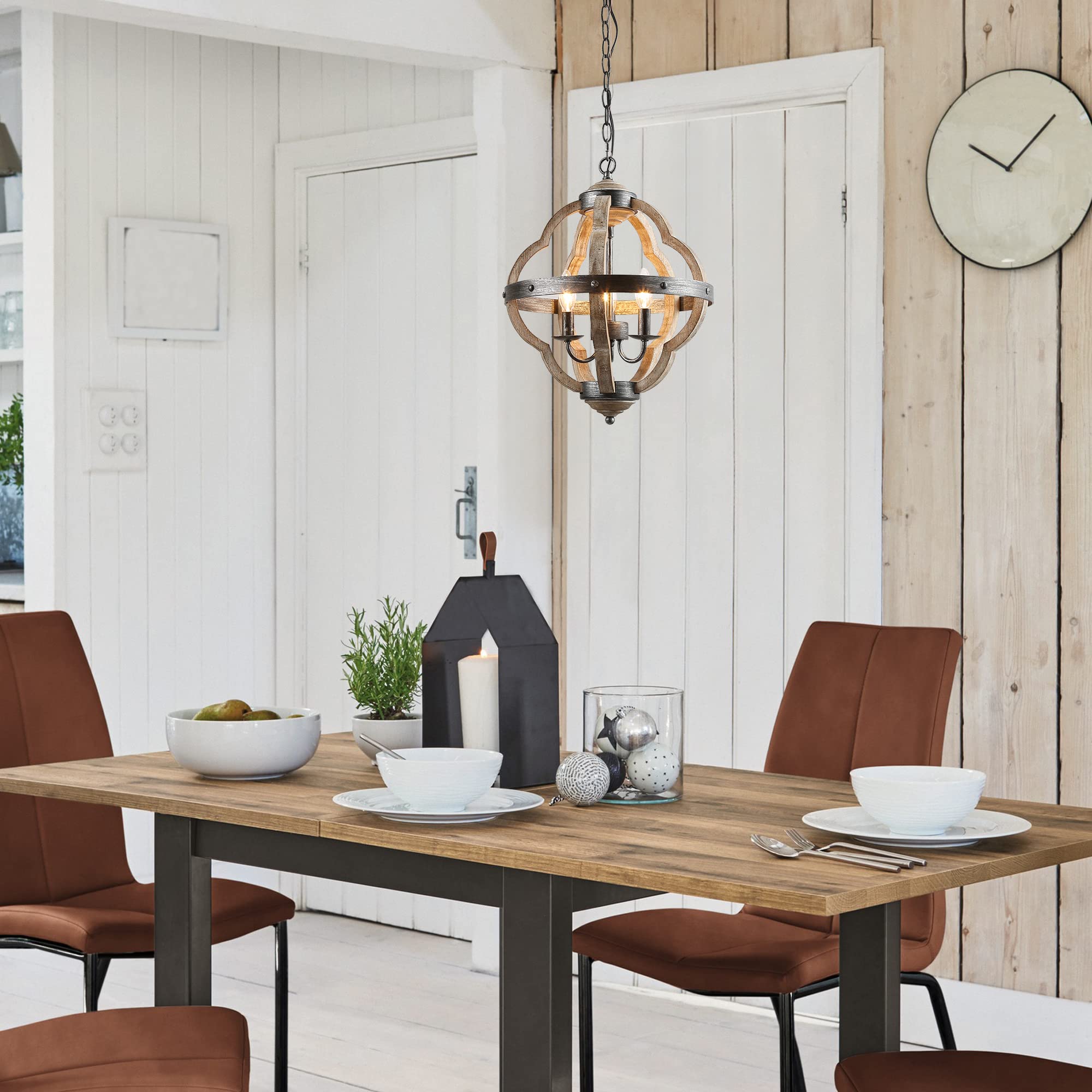 KSANA Farmhouse Chandelier - 3-Light Wood Orb Pendant Light for Dining Room, Kitchen Island & Foyer | 15