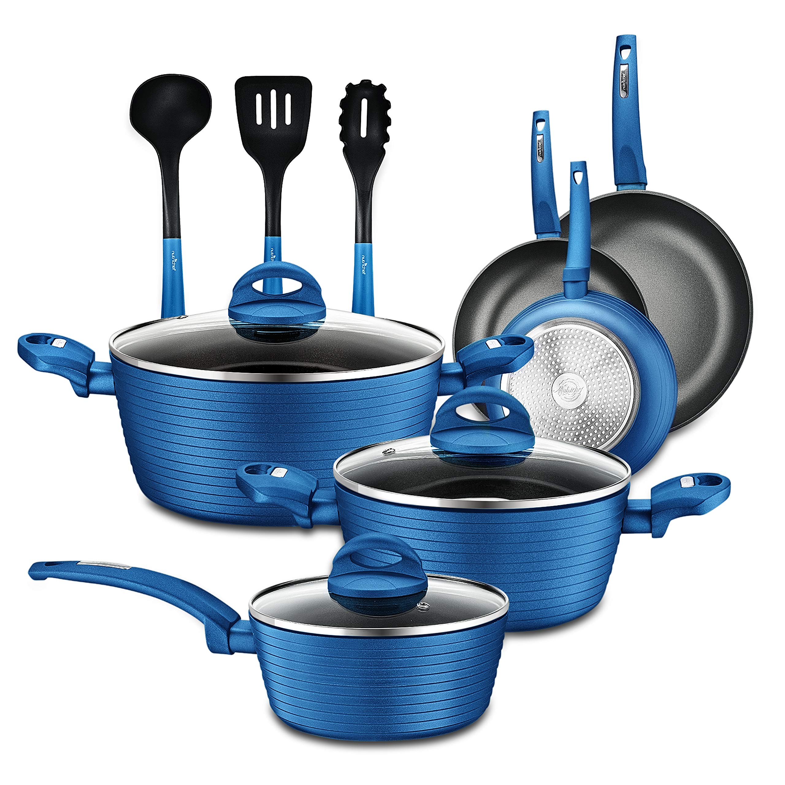 NutriChef NCCW12BLU 12-Piece Nonstick Cookware Set - Professional Hard Anodized Pots & Pans for Home Kitchen, Blue | Induction Compatible, Oven Safe to 450°F | Perfect for Frying, Sautéing & Everyday Cooking