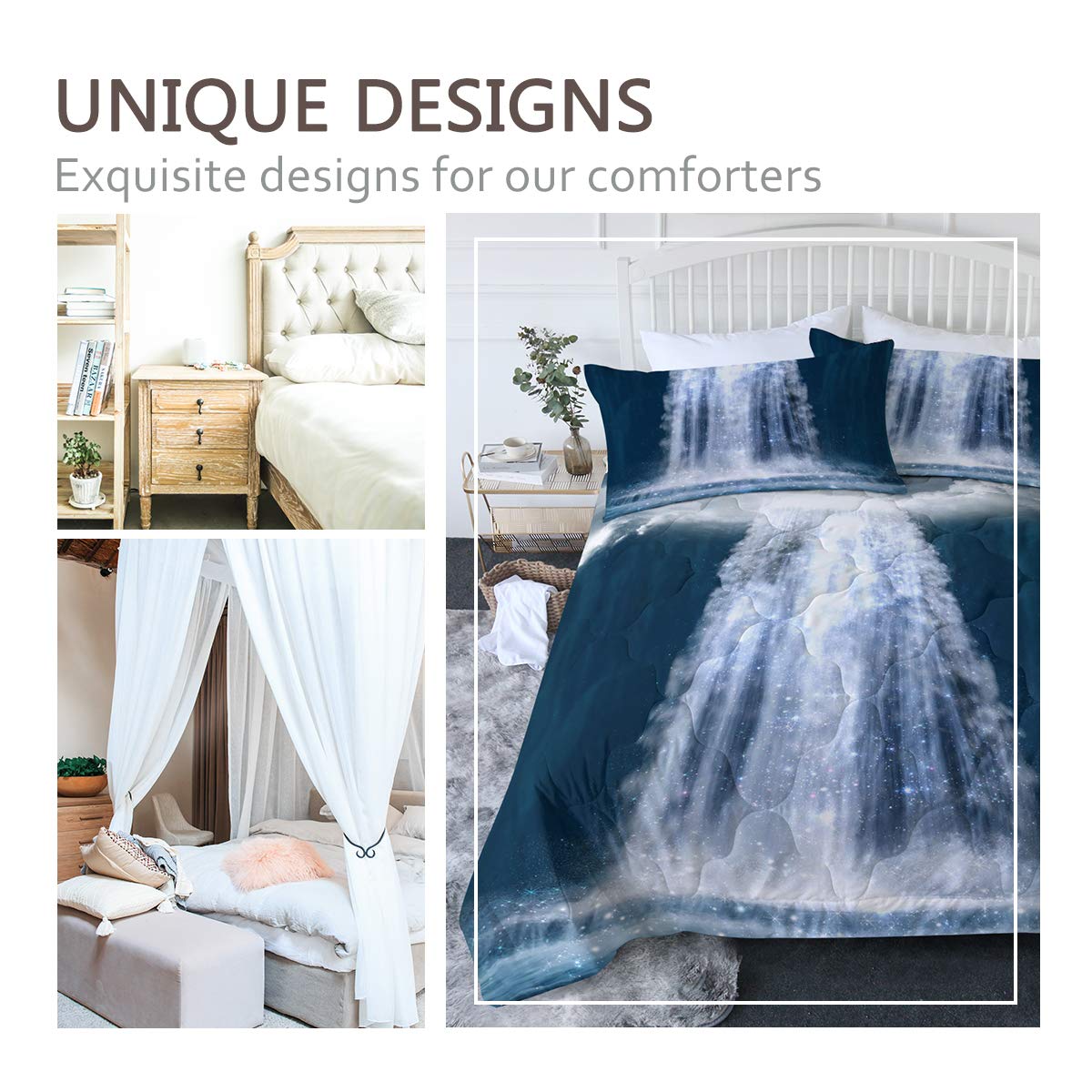 BlessLiving Ultra Soft 3-Piece Full/Queen Waterfall Comforter Set - Blue Fantasy Art Design | Luxury Bedding for Master Bedroom & Guest Room Decor