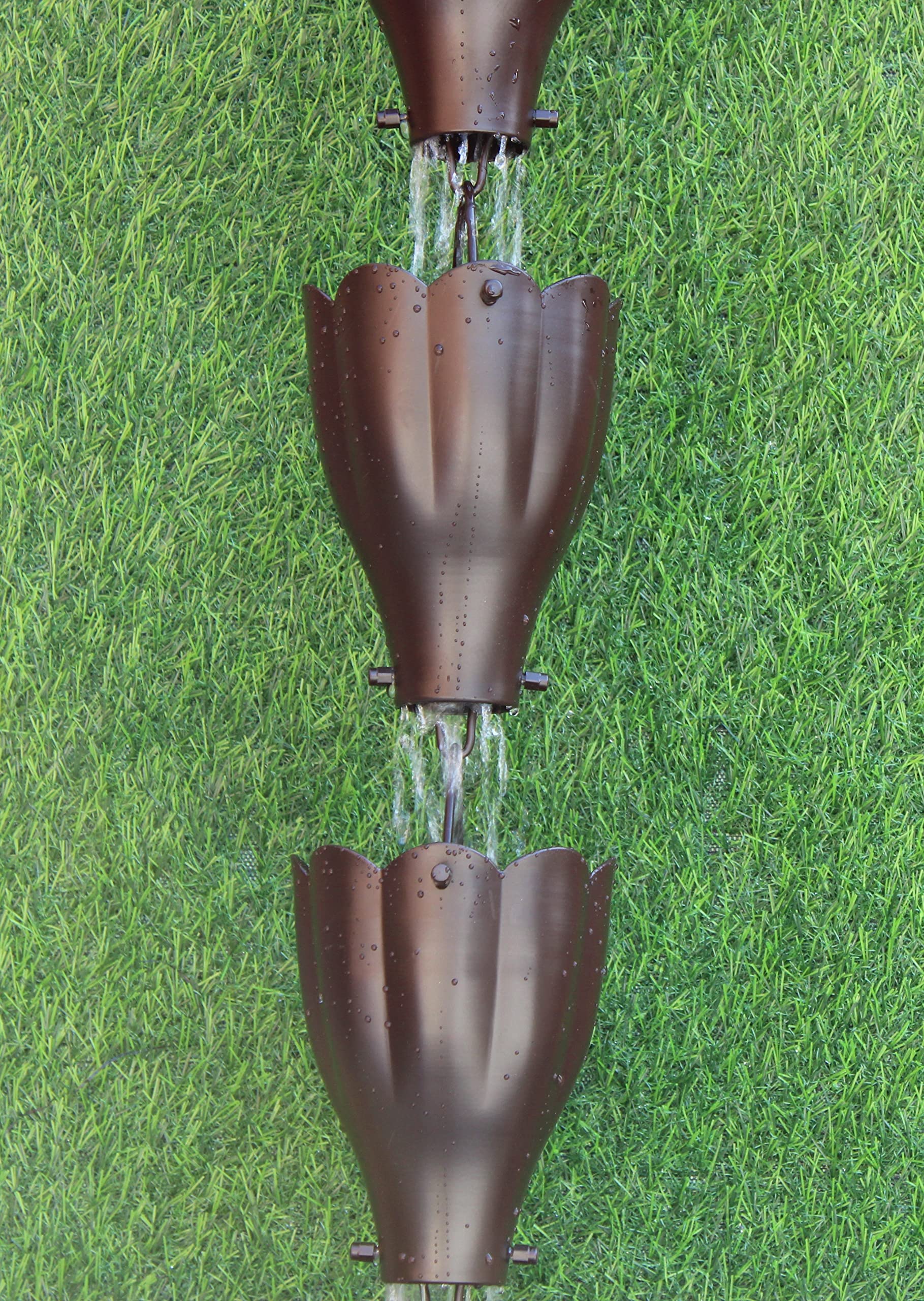 KAM Home XL Aluminum Rain Chain with Scallop Cups & Installation Kit - Rustic Brown (8.5 Inch) | Garden Water Feature for Downspout Drainage & Outdoor Decor