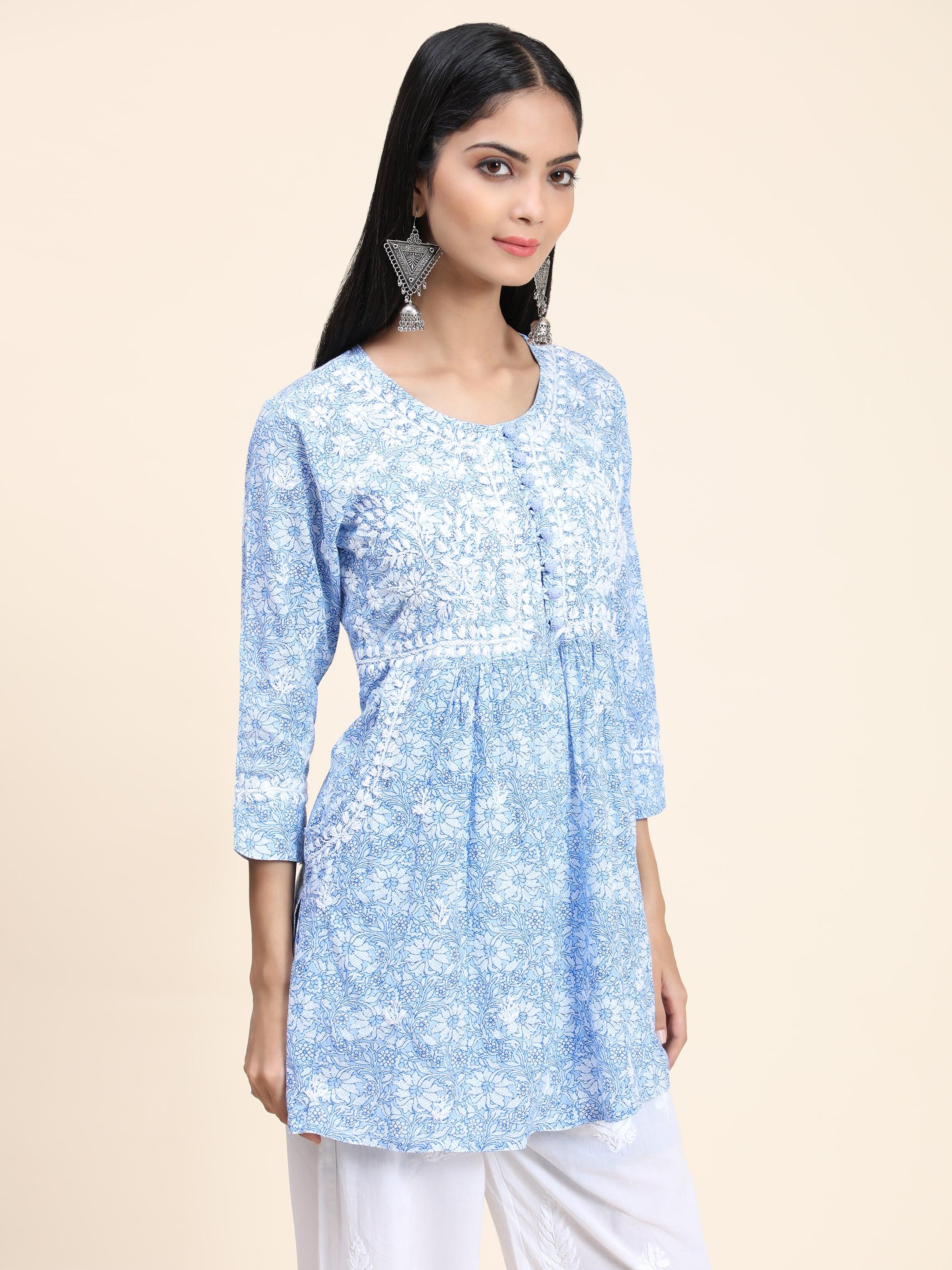Hand Embroidery Chikankari Tunic for Women - Blue Printed Cotton Kurti | Perfect for Casual Wear, Parties & Festive Occasions