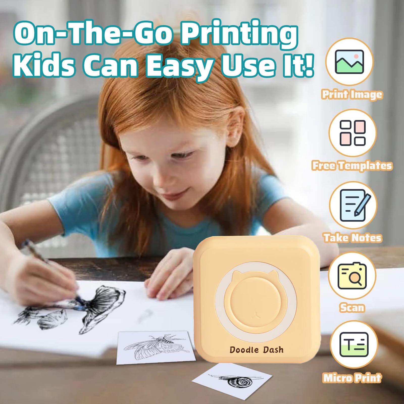 THCBME Doodle Dash G1 Mini Sticker Printer - Wireless Inkless Bluetooth Thermal Printer for Kids, 5 Rolls Printing Paper Included - Perfect for DIY Stickers, School Projects & Photo Printing (Yellow)
