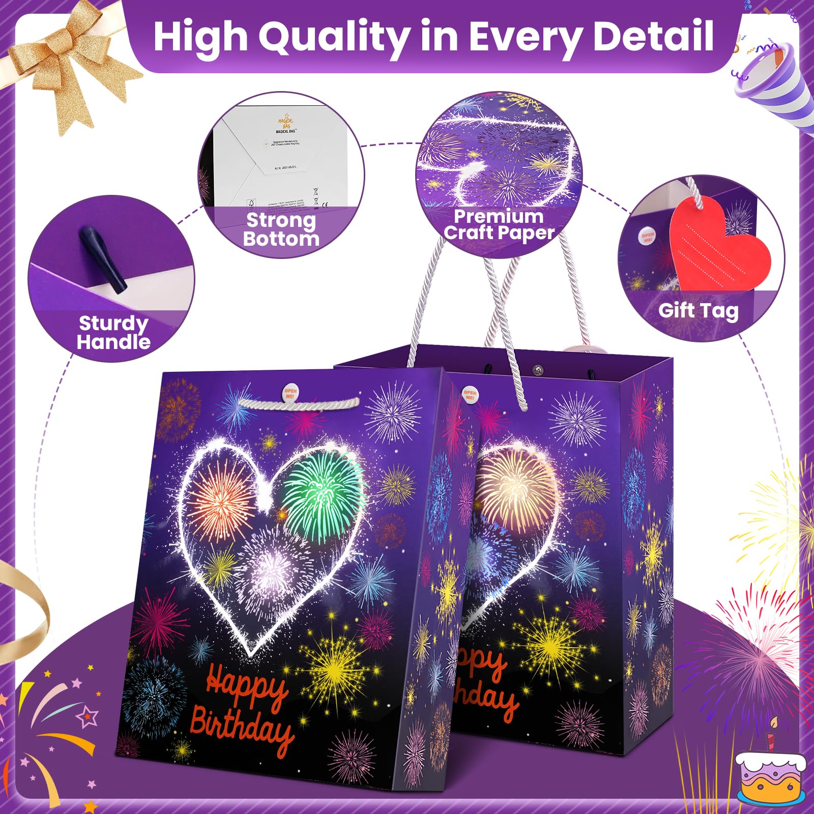 Magical Light Up Sound Birthday Gift Bags with Fireworks & Cheering Effects - Large Party Favor Bags for Women, Men, Wife, Husband - Perfect for Birthdays, Anniversaries & Celebrations