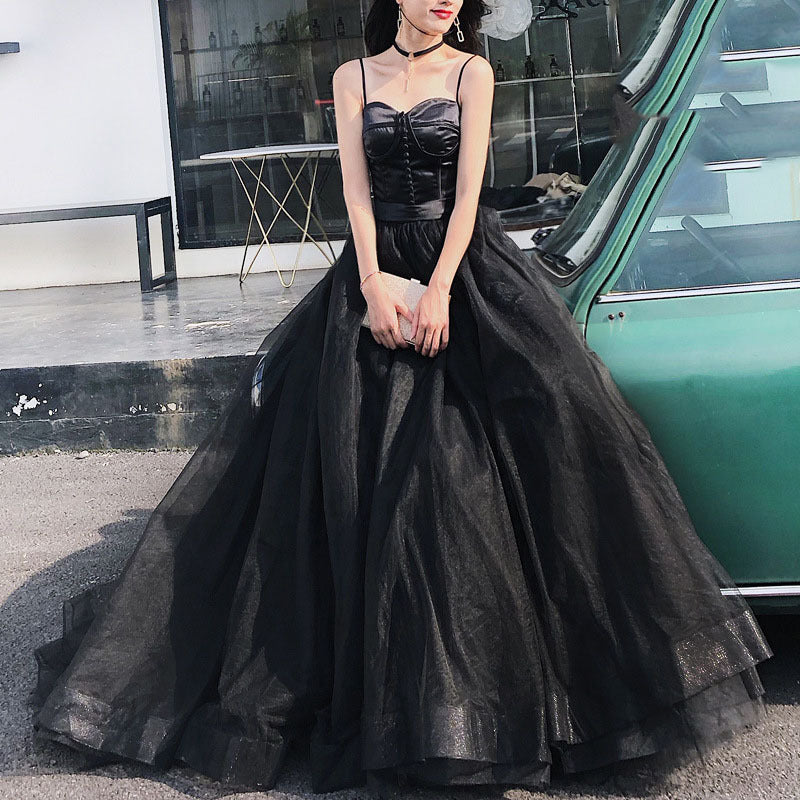 Elegant Black Spaghetti Strap Long Prom Dress for Women - Formal Evening Gown 502 - Perfect for Homecoming, Prom Night, and Special Occasions