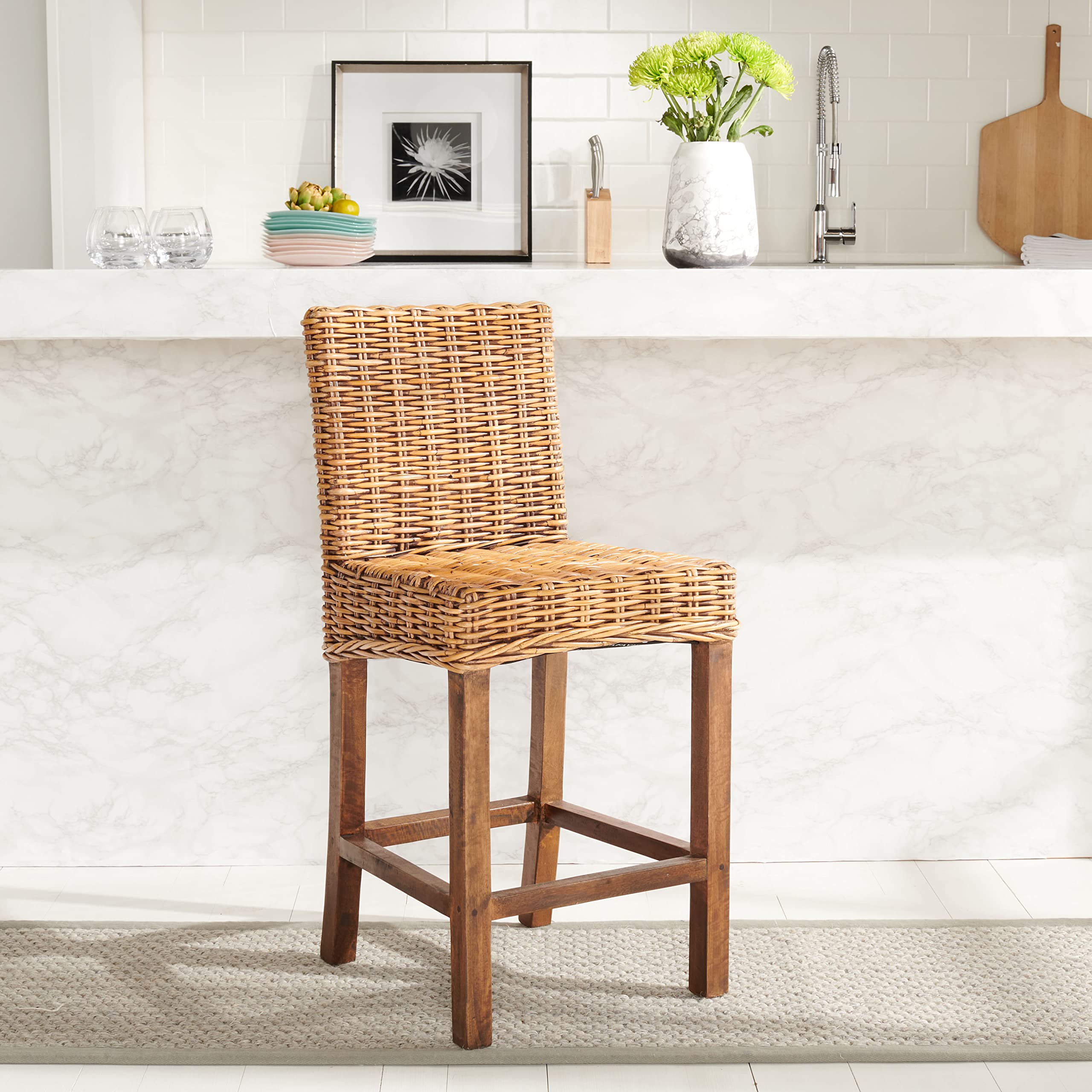 SAFAVIEH Home Tobie Honey Brown Wash Rattan 24-inch Counter Stool - Modern Bar Stool for Kitchen Island, Breakfast Nook & Dining Room Decor