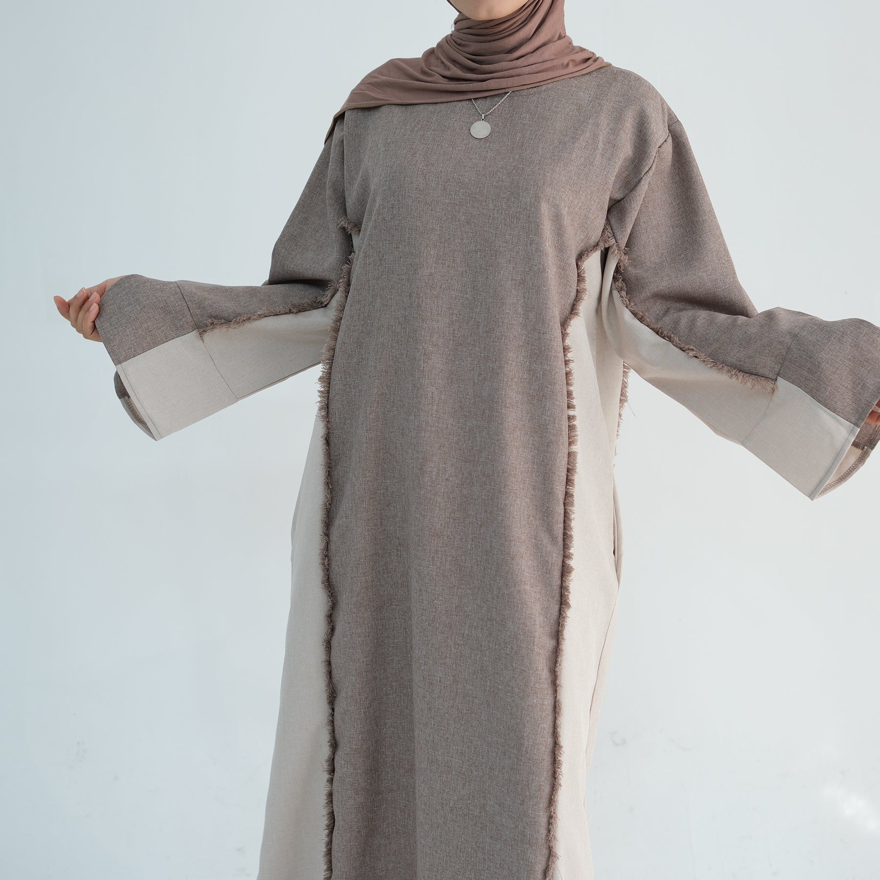 Blair Fringe Abaya Dress in Taupe - Elegant Islamic Modest Dress for Women, Perfect for Prayer, Eid, and Special Occasions