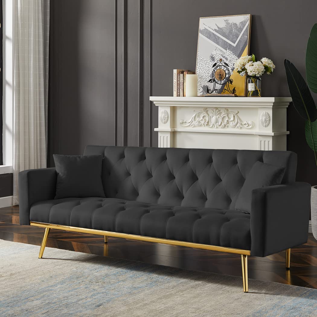 Velvet Futon Sofa Bed - 3 Seater Convertible Sleeper Sofa with Loveseat Option, Button Tufted Upholstery & Gold Metal Legs, Includes 2 Decorative Pillows - Easy Assembly (Black) | Perfect for Small Apartments, Guest Rooms & Home Offices