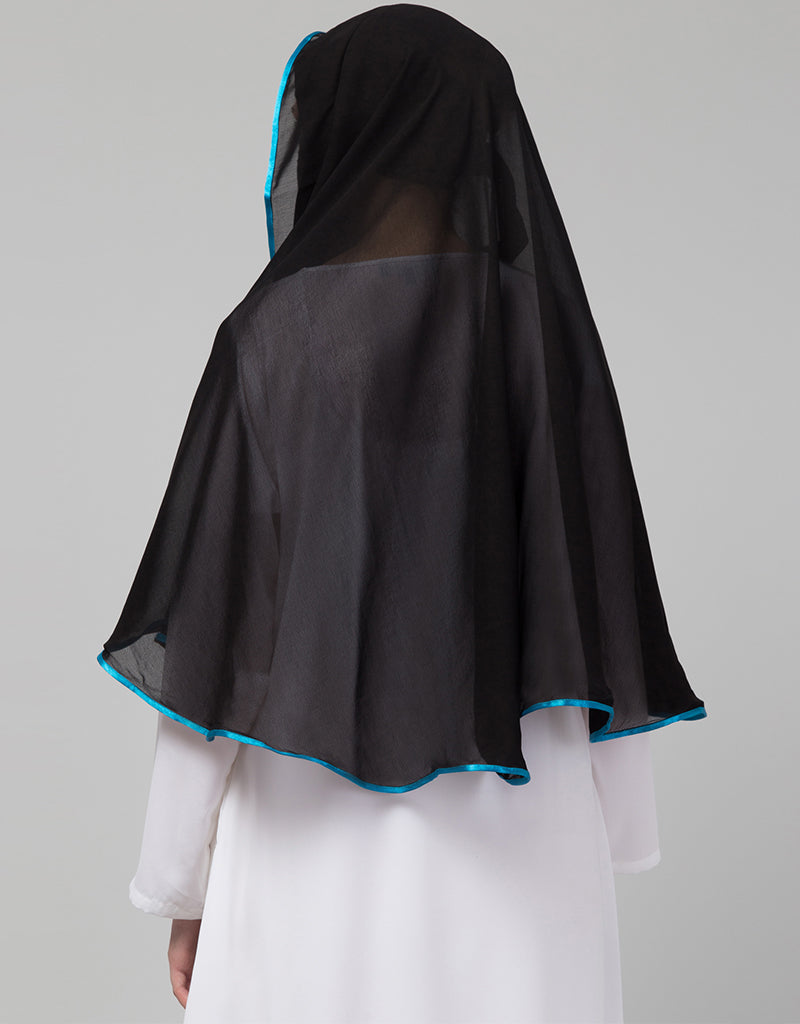 Black with Aqua Blue Polyester Georgette Head Scarf - Lightweight Muslim Hijab for Women - Perfect for Daily Wear, Prayer & Special Occasions