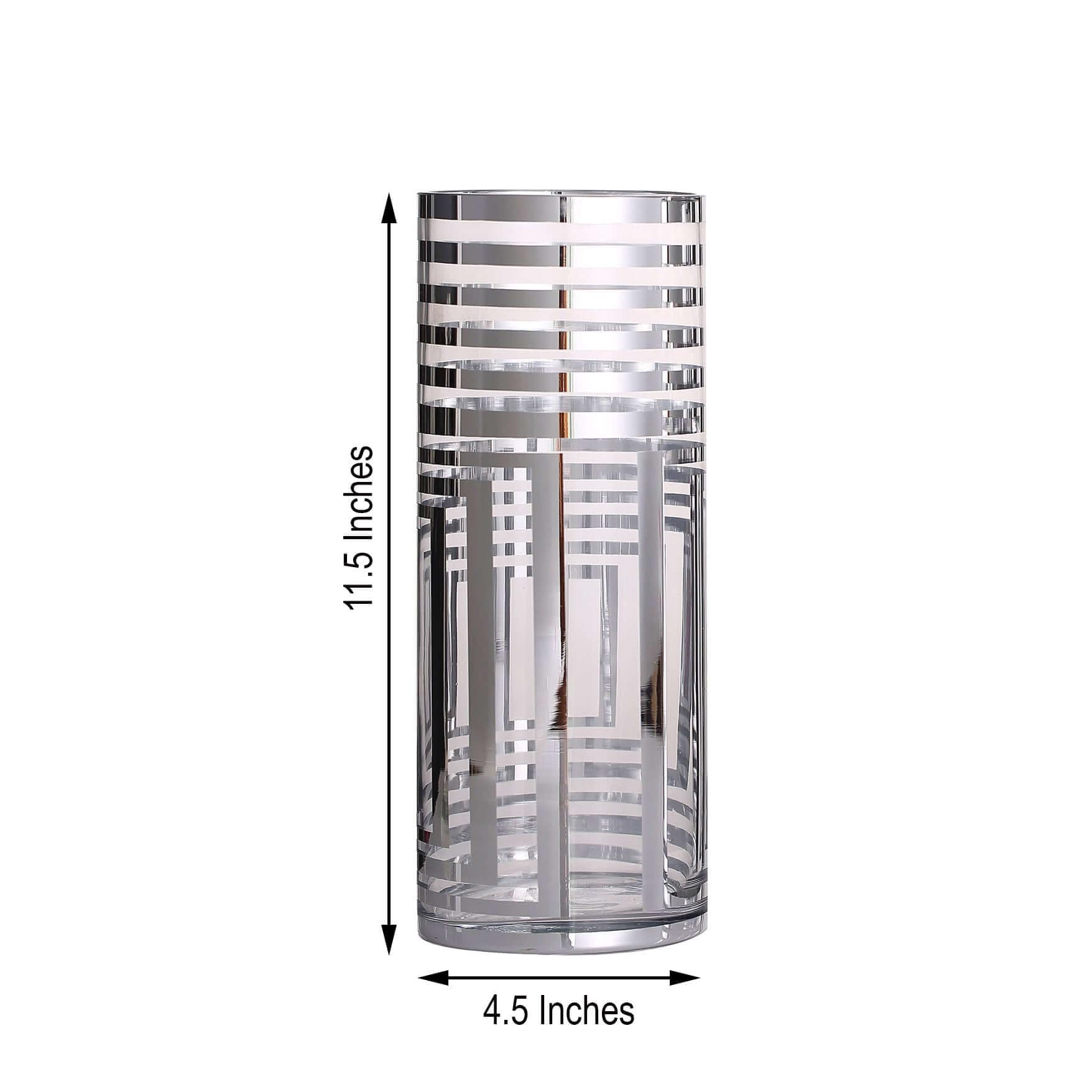 Efavormart 2 Pack 12 Inch Silver Striped Cylinder Glass Vases for Wedding Centerpieces, Floral Arrangements, Home Decor and Party Decorations