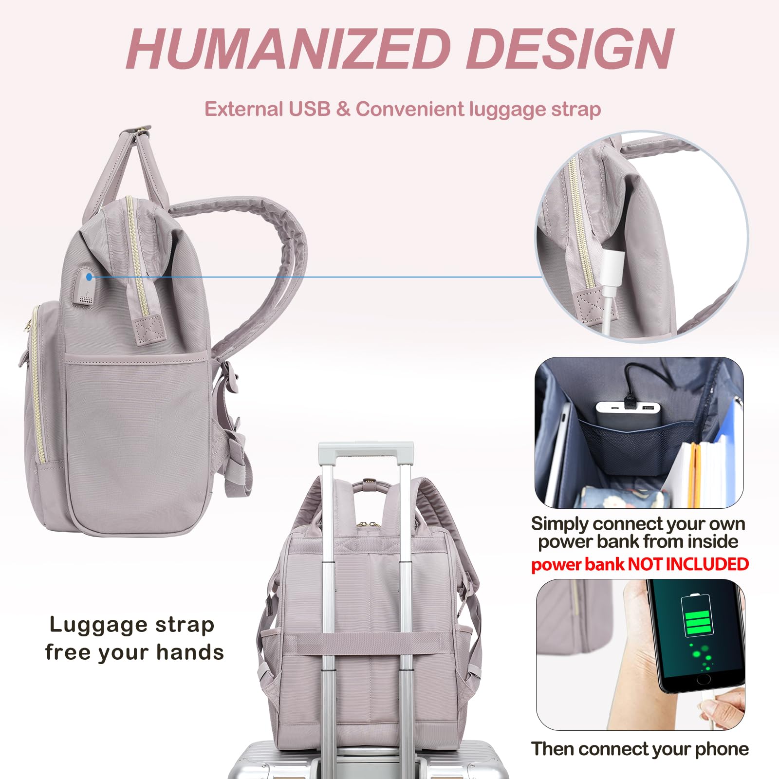 KROSER 17 Inch Laptop Backpack - Water Resistant USB Charging Port College Backpack for Men & Women, Stylish Quilted Dusty Pink Daypack - Perfect for Work, Travel, School & Business Commute