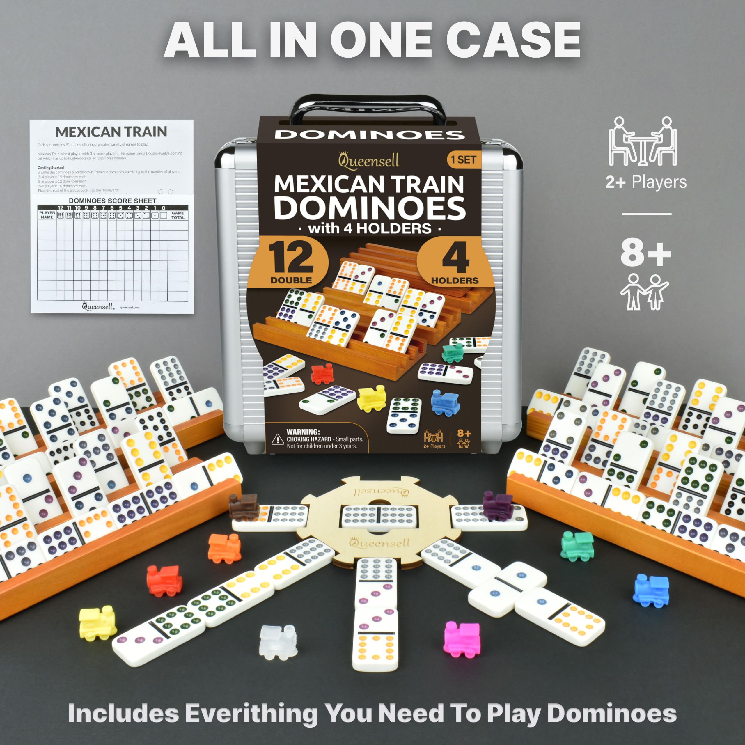 Premium Mexican Train Dominoes Set - Double 12 Wooden Dominoes with 4 Tile Holders & Wooden Hub - Complete Family Board Game for Adults & Kids Age 8+ - Perfect for Game Nights, Parties, Camping & Family Gatherings (D12 + 4 Holders)