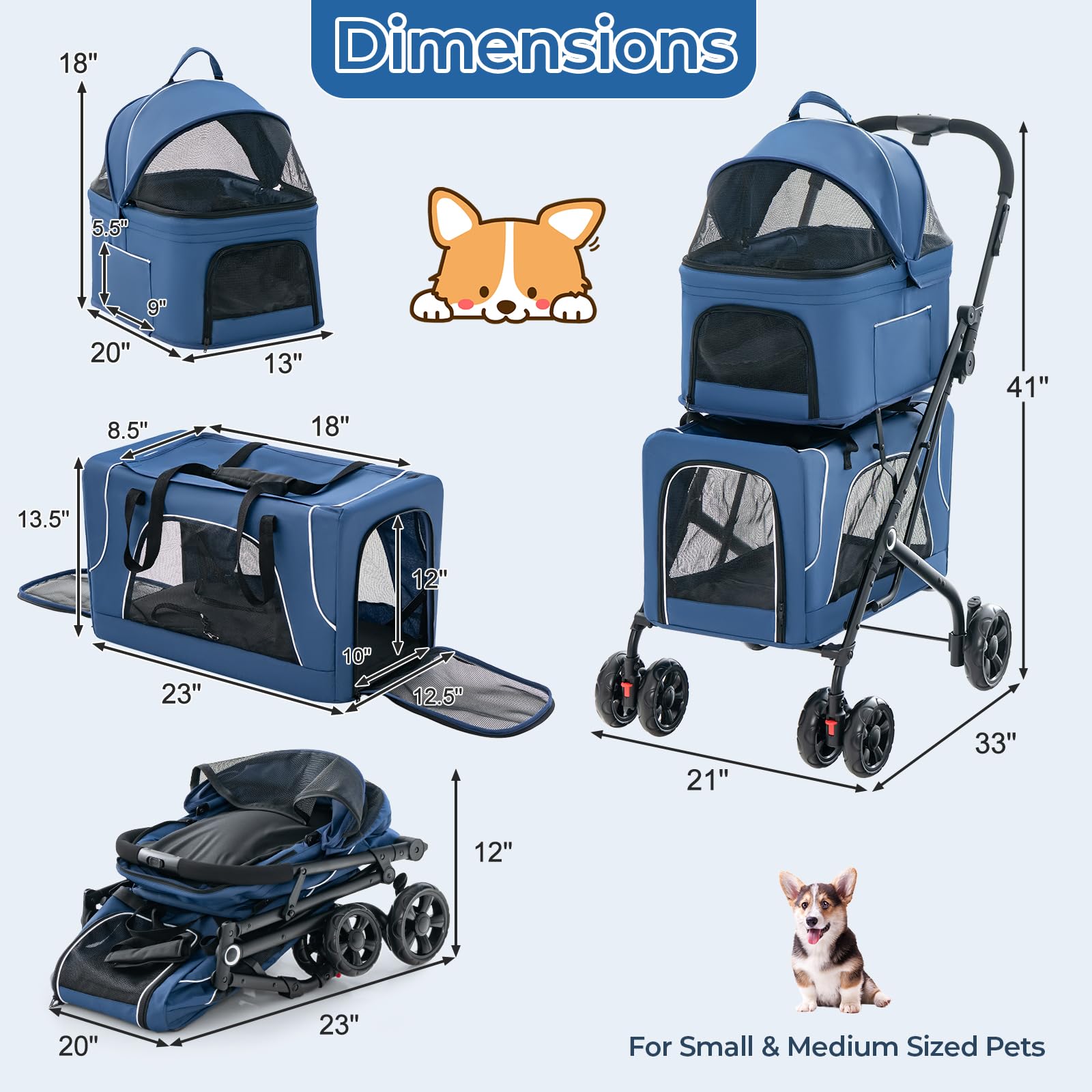 Giantex Double Dog Stroller for 2 Small Medium Dogs - Foldable Pet Stroller with Detachable Carriers, Safety Belt & 4 Lockable Wheels | Cat & Dog Travel Carrier | Perfect for Park Walks, Vet Visits & Shopping Trips (Blue)