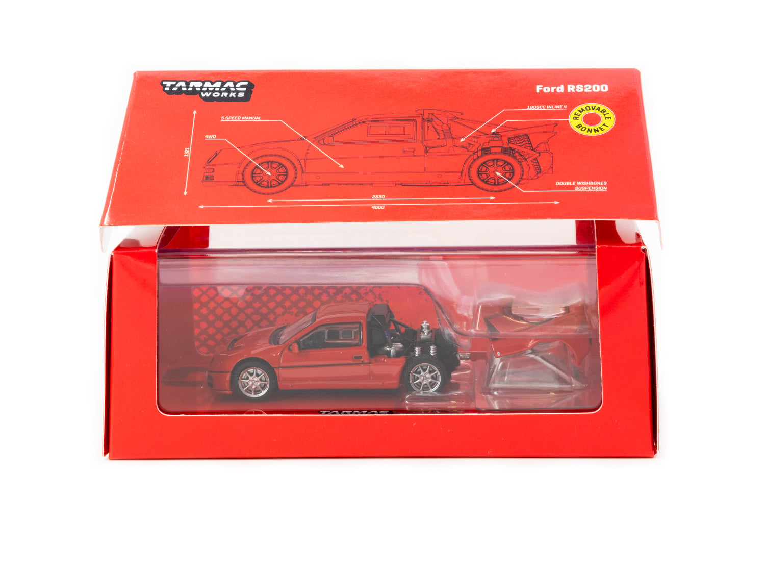 Tarmac Works 1/64 Scale Ford RS200 Diecast Model Car - Red Collectible Miniature Vehicle for Display & Racing Scenes