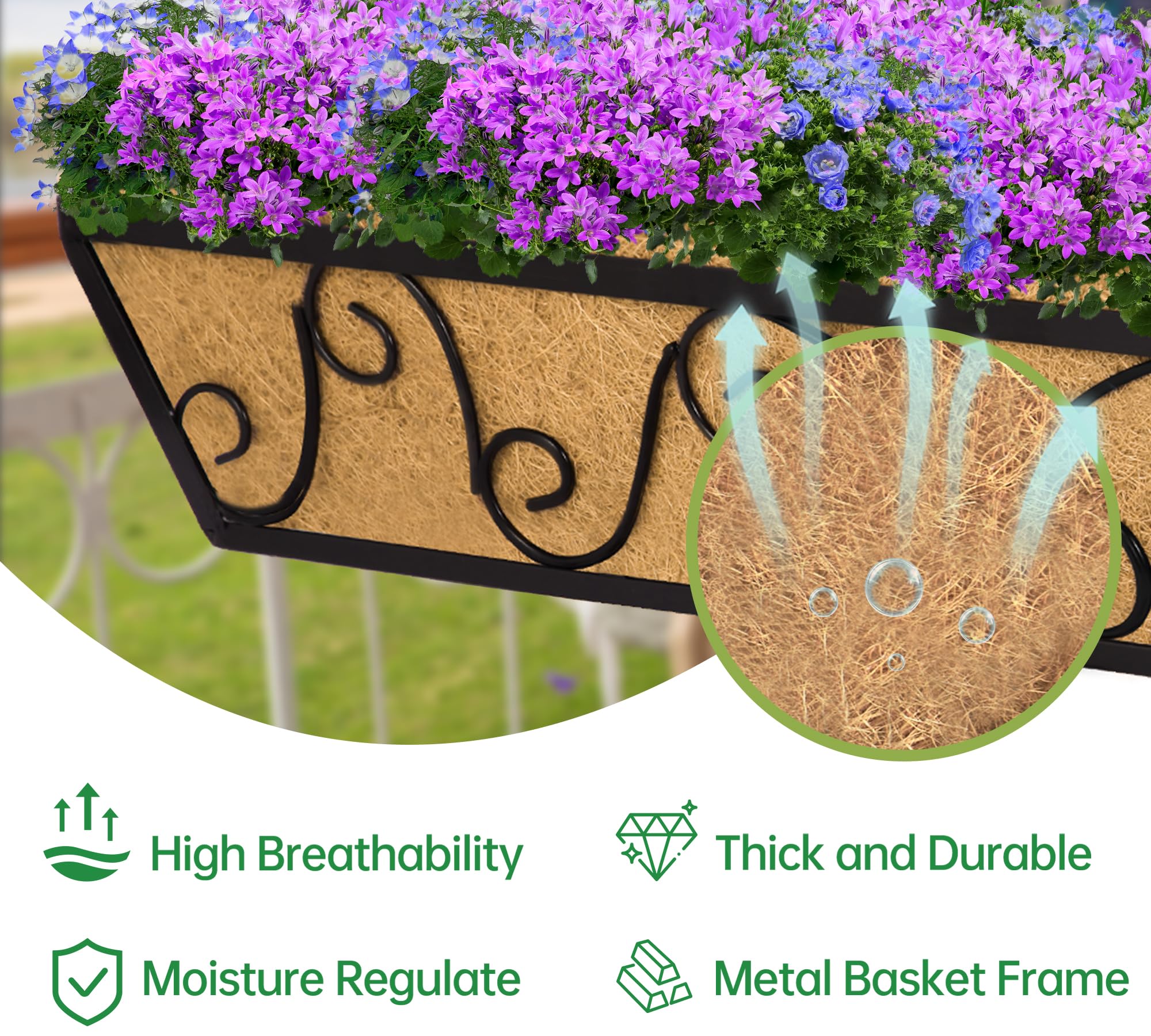 2 Pack 24 Inch Window Box Planter with Coco Liner - Metal Hanging Flower Basket for Deck, Railing, Indoor & Outdoor Use - Perfect for Herbs, Flowers, and Small Plants in Home Garden Decor