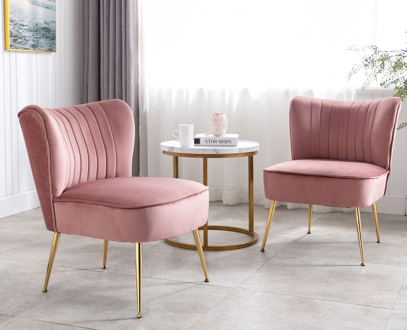 Velvet Accent Chairs Set of 2 - Mid Century Modern Upholstered Side Chairs with Golden Legs for Living Room, Guest Room & Bedroom - Comfy Armless Wingback Sofa Chairs in Pink - Perfect for Small Spaces, Reading Nooks & Cozy Corners
