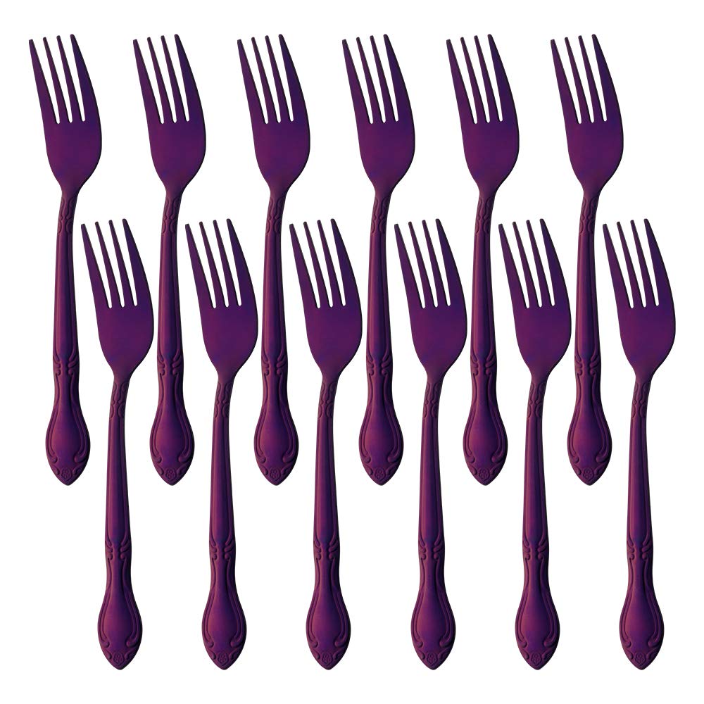 12-Piece Stainless Steel Salad Forks Set - Elegant Flower Edge Design, 6.4 Inch Appetizer & Dessert Forks - Perfect for Dinner Parties, Weddings & Home Entertaining (Purple)