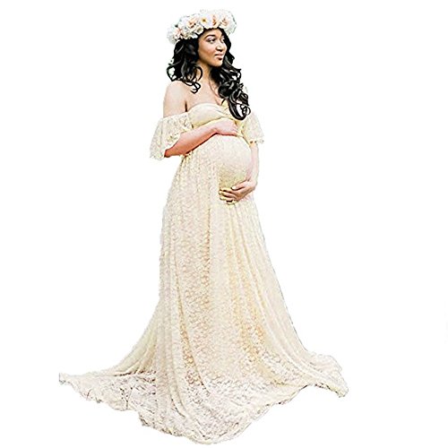 Elegant Maternity Off Shoulder Ruffle Sleeve Lace Maxi Dress for Women - Perfect for Photoshoot, Baby Shower & Pregnancy Announcement