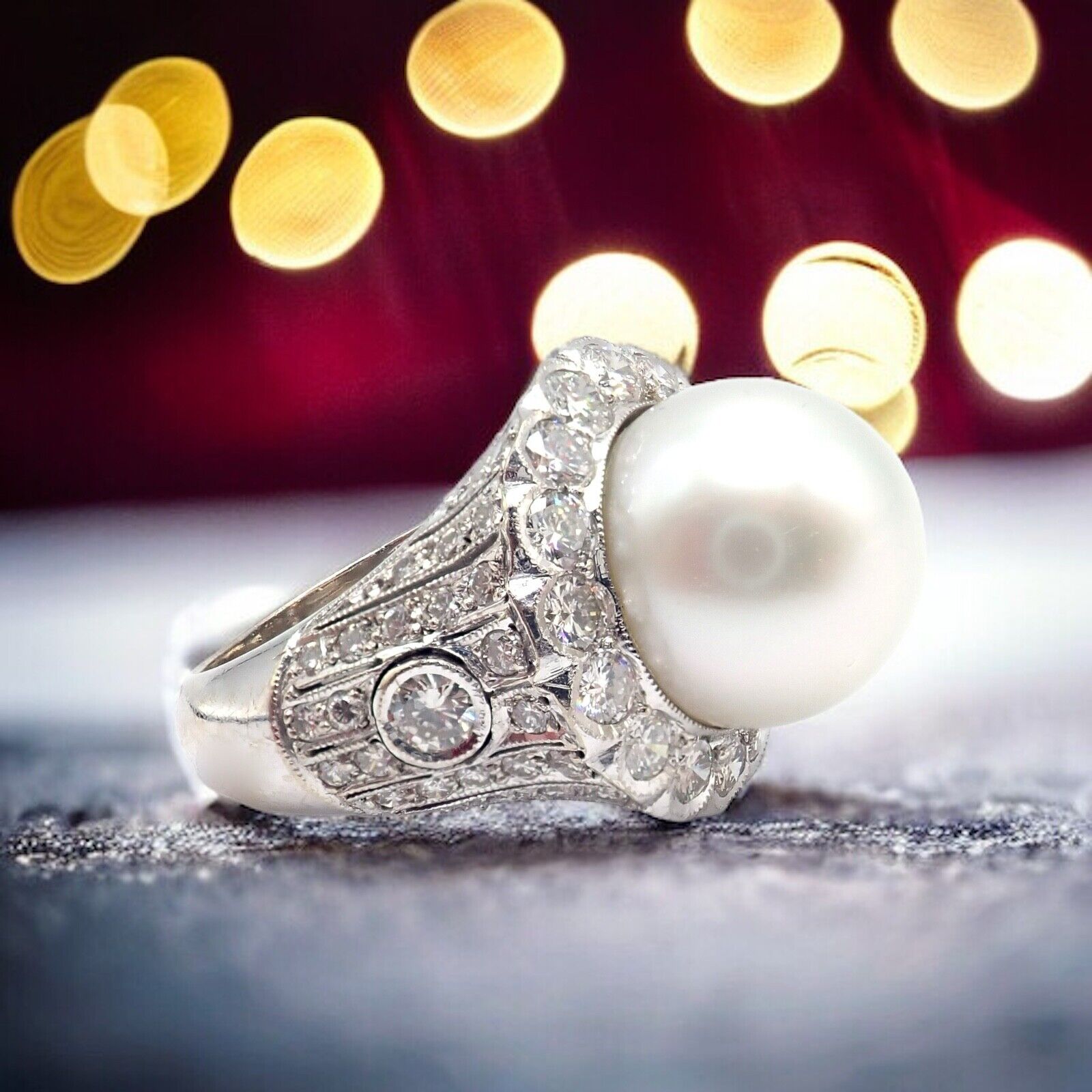 Vintage 18k White Gold Diamond & 12.5mm Pearl Cocktail Ring for Women - Elegant Bridal, Anniversary, or Evening Party Jewelry Gift