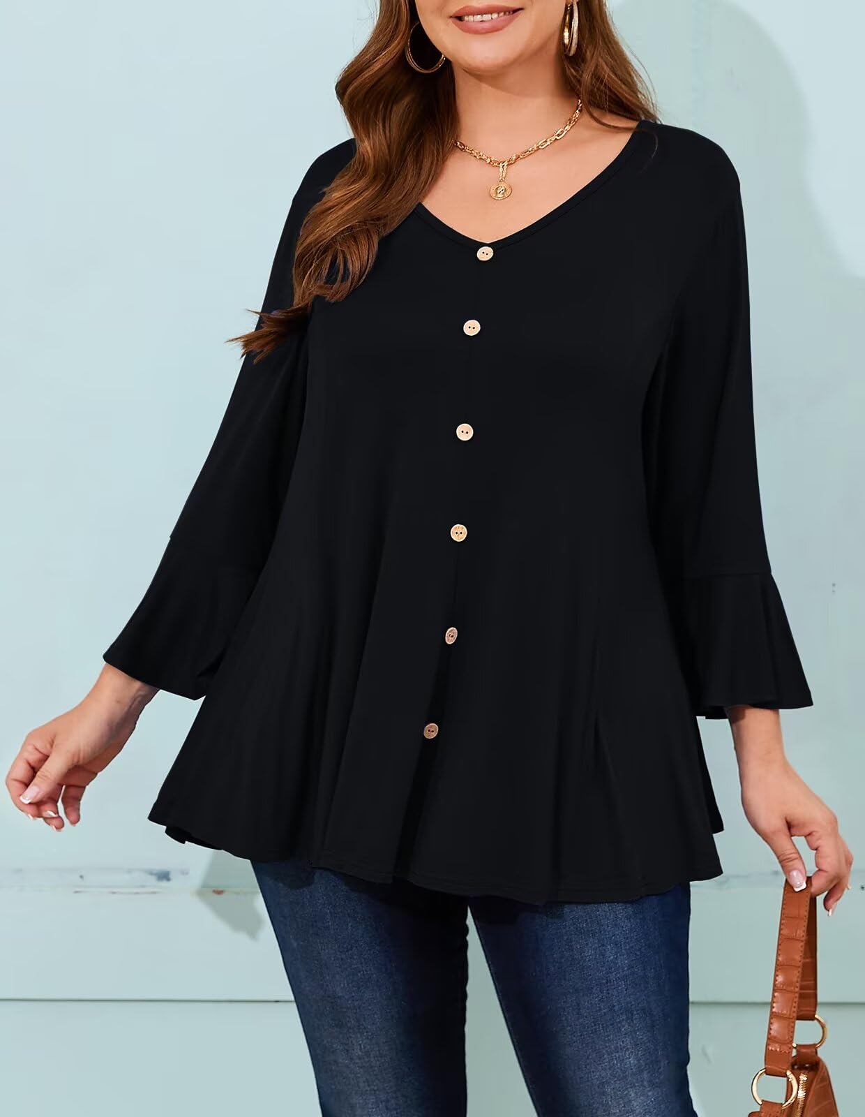 LARACE Women's Plus Size 3/4 Sleeve V-Neck Tunic Tops - Fall Fashion T-Shirts to Wear with Leggings | Casual Outfit for Work, Weekend & Layering