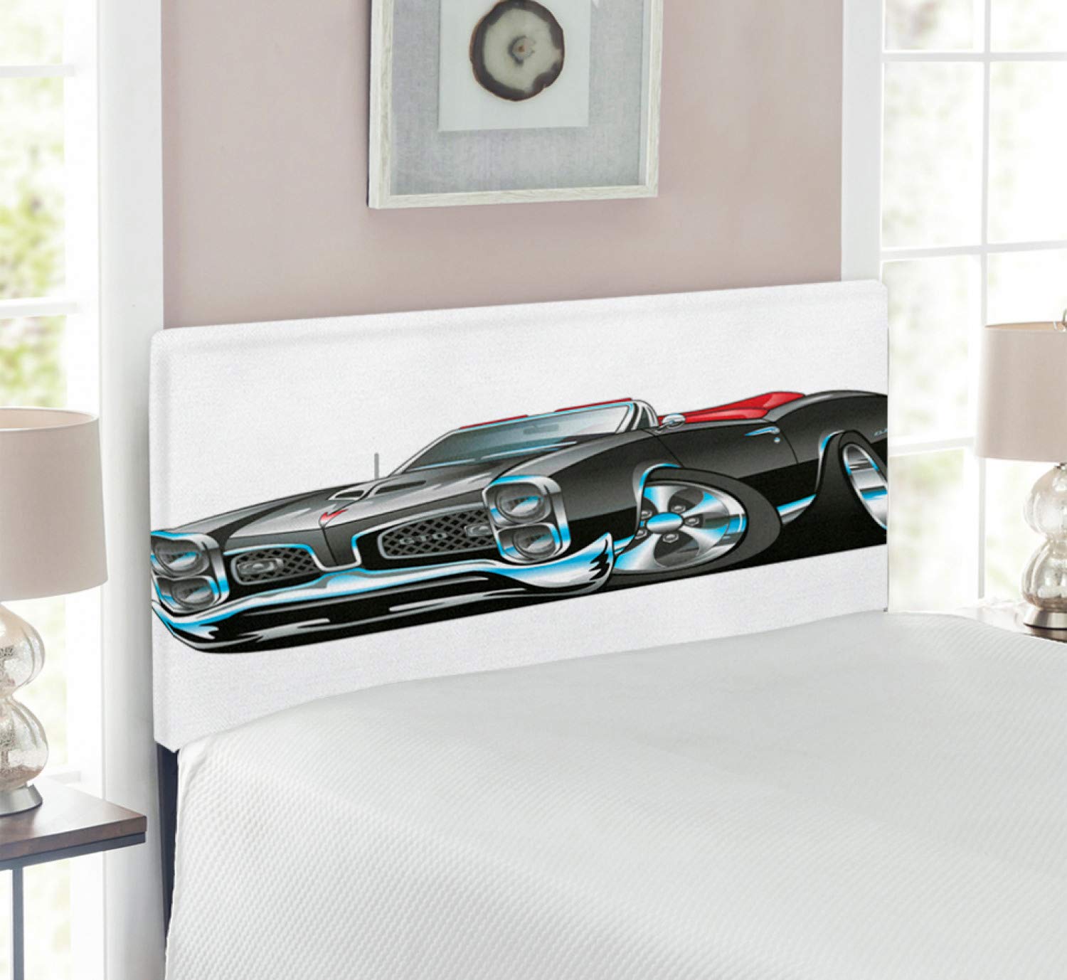 Ambesonne Cars Headboard - American Nostalgic Sports Muscle Car with Speeding Wheels Print, Upholstered Decorative Metal Bed Frame with Memory Foam - Twin Size Pale Grey Blue - Perfect for Kids' Bedroom, Teen Room & Car Lover's Home Decor