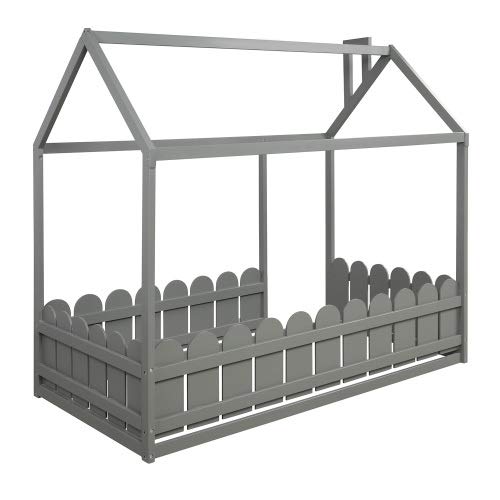 Wooden Twin Bed Frame with Safety Fence - Cabin Style Floor Bed for Kids, Nursery Furniture & Play Tent (Gray) | Perfect for Toddler Rooms, Montessori Bedrooms & Cozy Play Areas