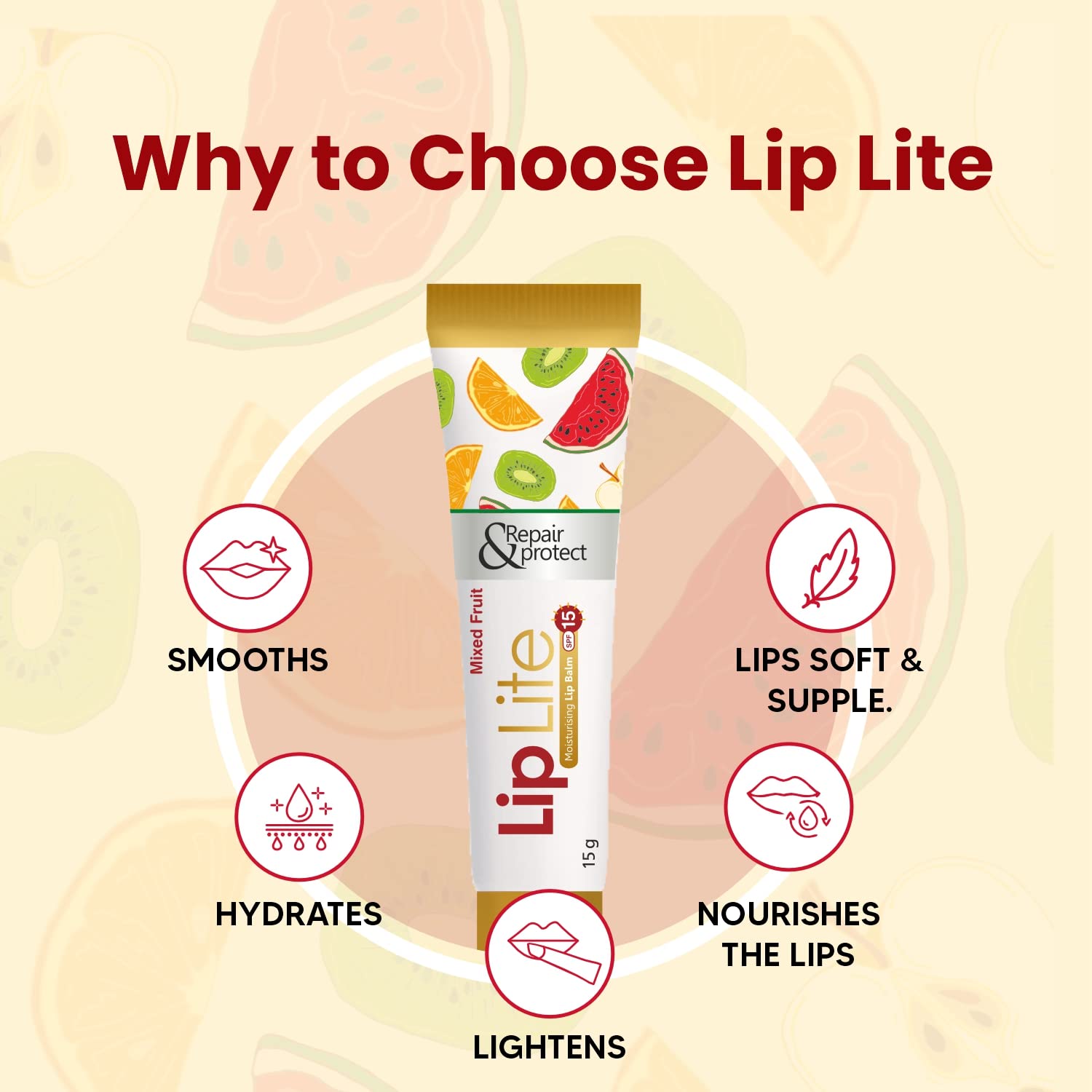 Leeford Lip Lite SPF 15 Moisturizing Lip Balm - 6 Pack (15g Each) | Mixed Fruit Flavor | Hydrating & Sun Protection for Daily Use, Outdoor Activities & Dry Weather