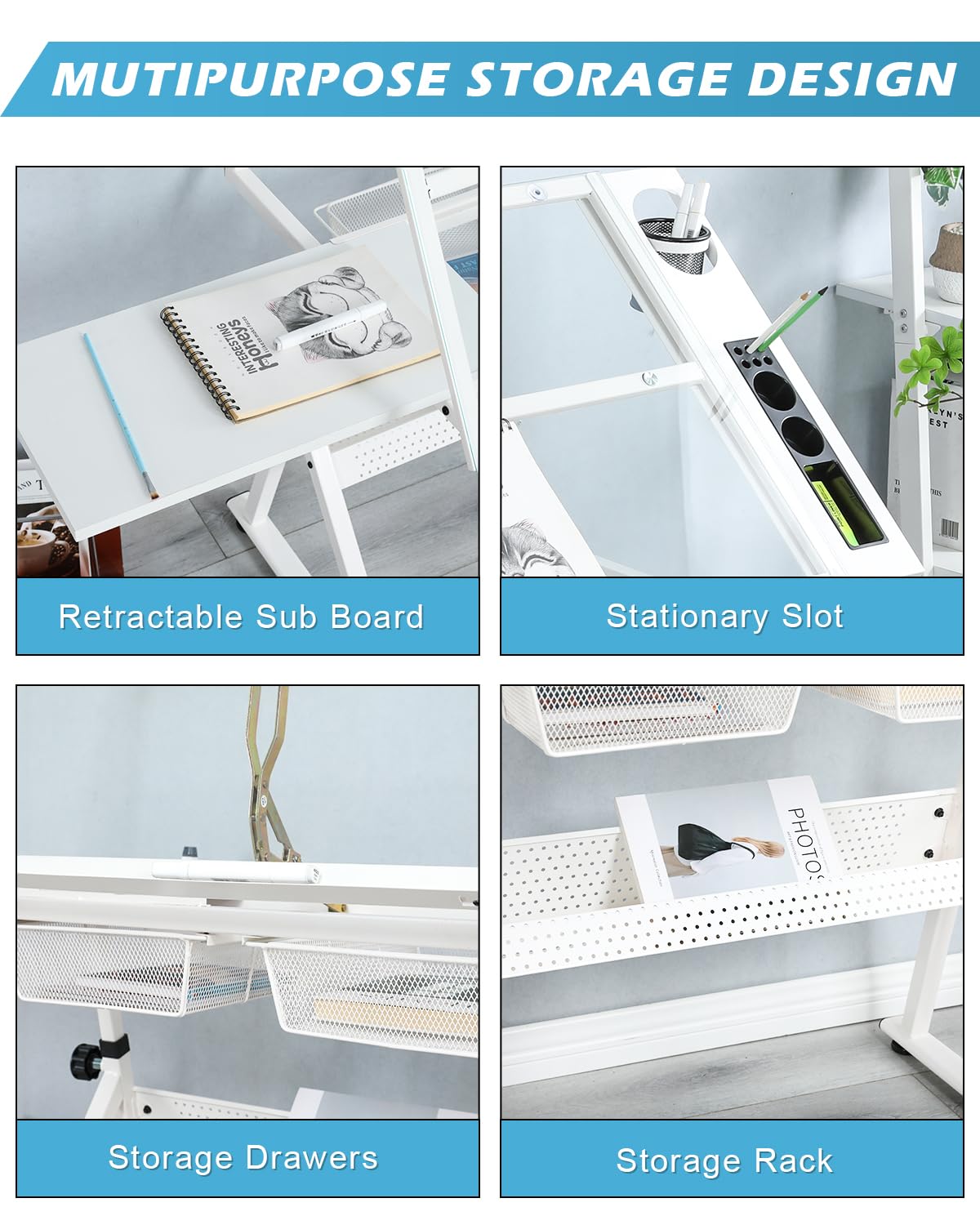 LifeSky Adjustable Drafting Table for Artists - Art Drawing Desk with Storage & Glass Top - Perfect for Painting, Sketching, Illustrators & Cartoonists - Ideal for Home Studios, Art Classes & Professional Workspaces