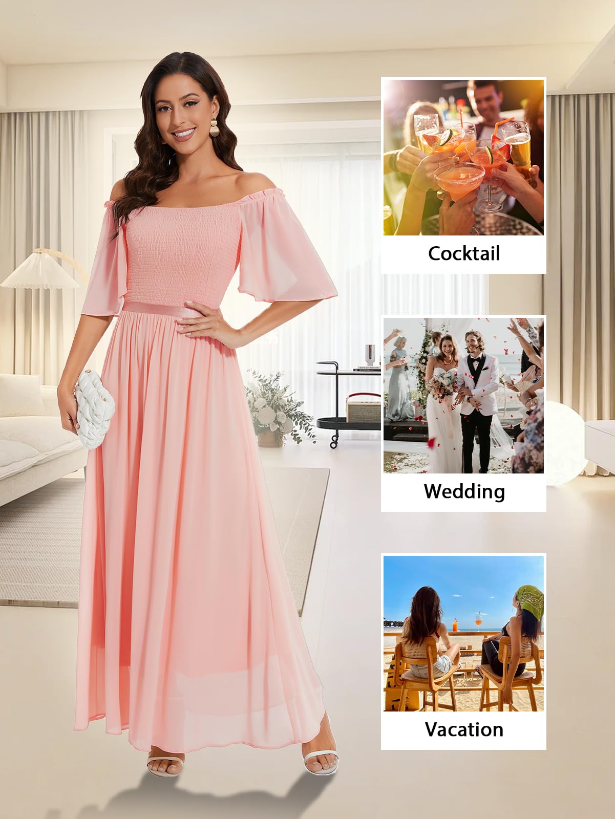 Elegant Women's Short Sleeve Chiffon Maxi Dress for Wedding Guest, Cocktail Party & Summer Occasions - Flowy Smocked Midi Dress for Beach, Vacation & Special Events