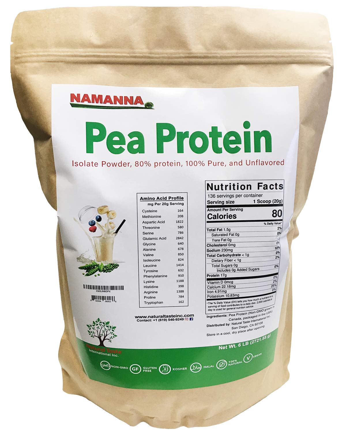 Organic Pea Protein Powder 80% Plant-Based Protein – 6 lb, Non-GMO, Vegan, Kosher, Halal, Gluten-Free, Dairy-Free, Soy-Free, Hypoallergenic, Unflavored, Keto & Paleo Friendly – Perfect for Smoothies, Baking & Post-Workout Recovery