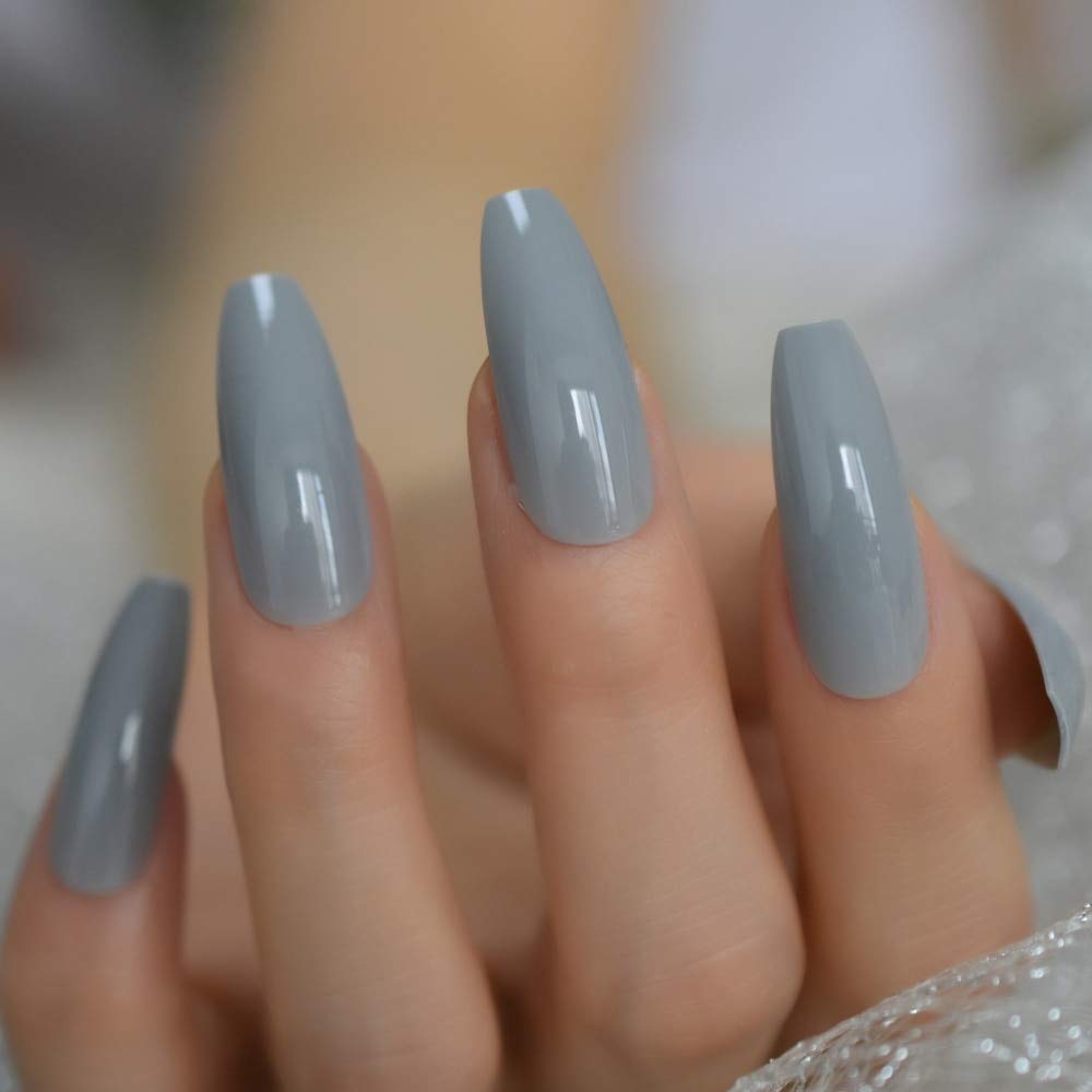 Extra Long Gray Ballerina Fake Nails - UV Acrylic False Nails with Extremely Long Light Grey Tips (24 Pack) - Perfect for Special Occasions, Parties, and Elegant Everyday Wear