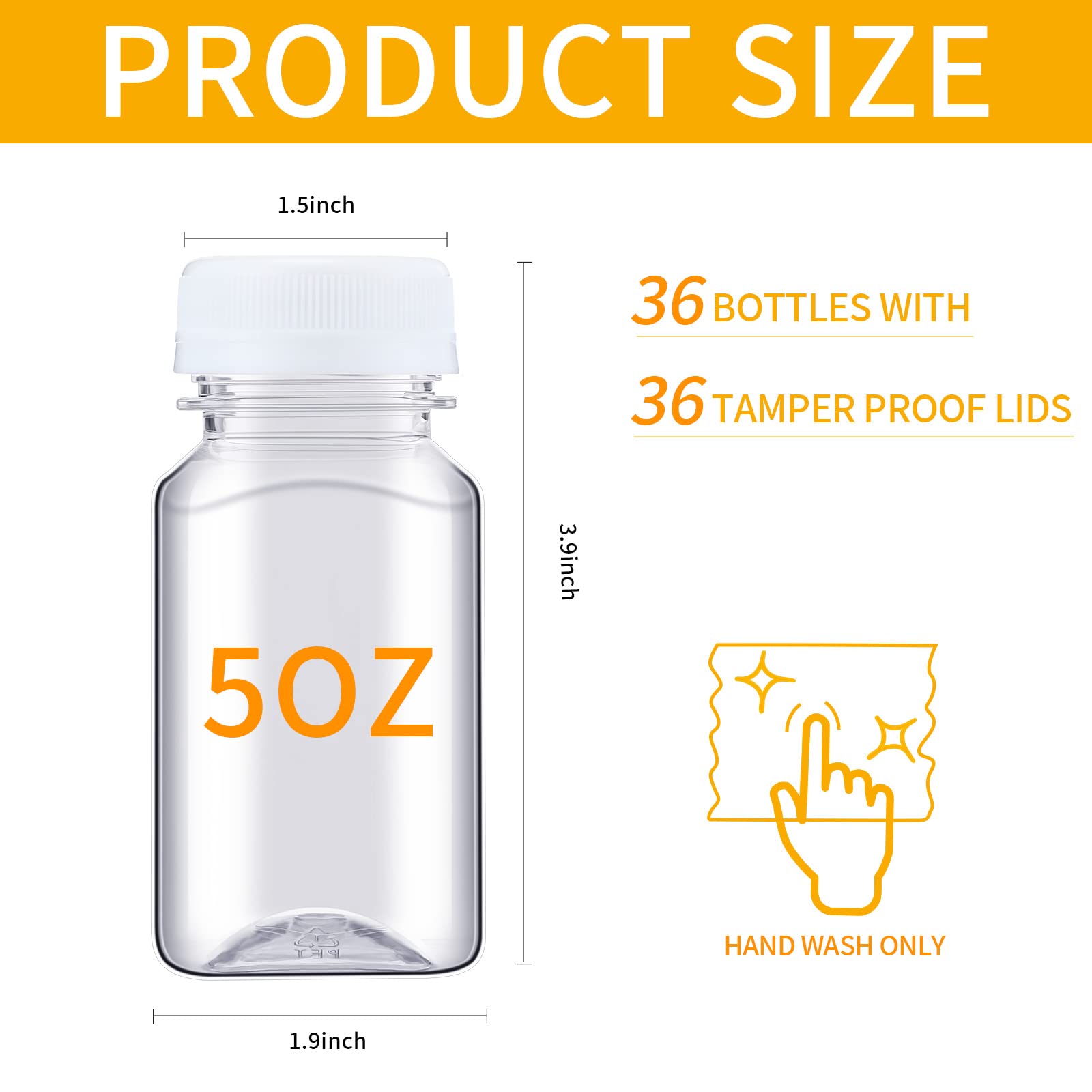 Nuogo 36 Pack 5 oz Plastic Juice Bottles with Lids - Reusable Clear Drink Containers for Juicing, Milk, Water & Beverages | Includes Funnel & Brush | Perfect for Home, Party, Restaurant & Catering (White Lid)