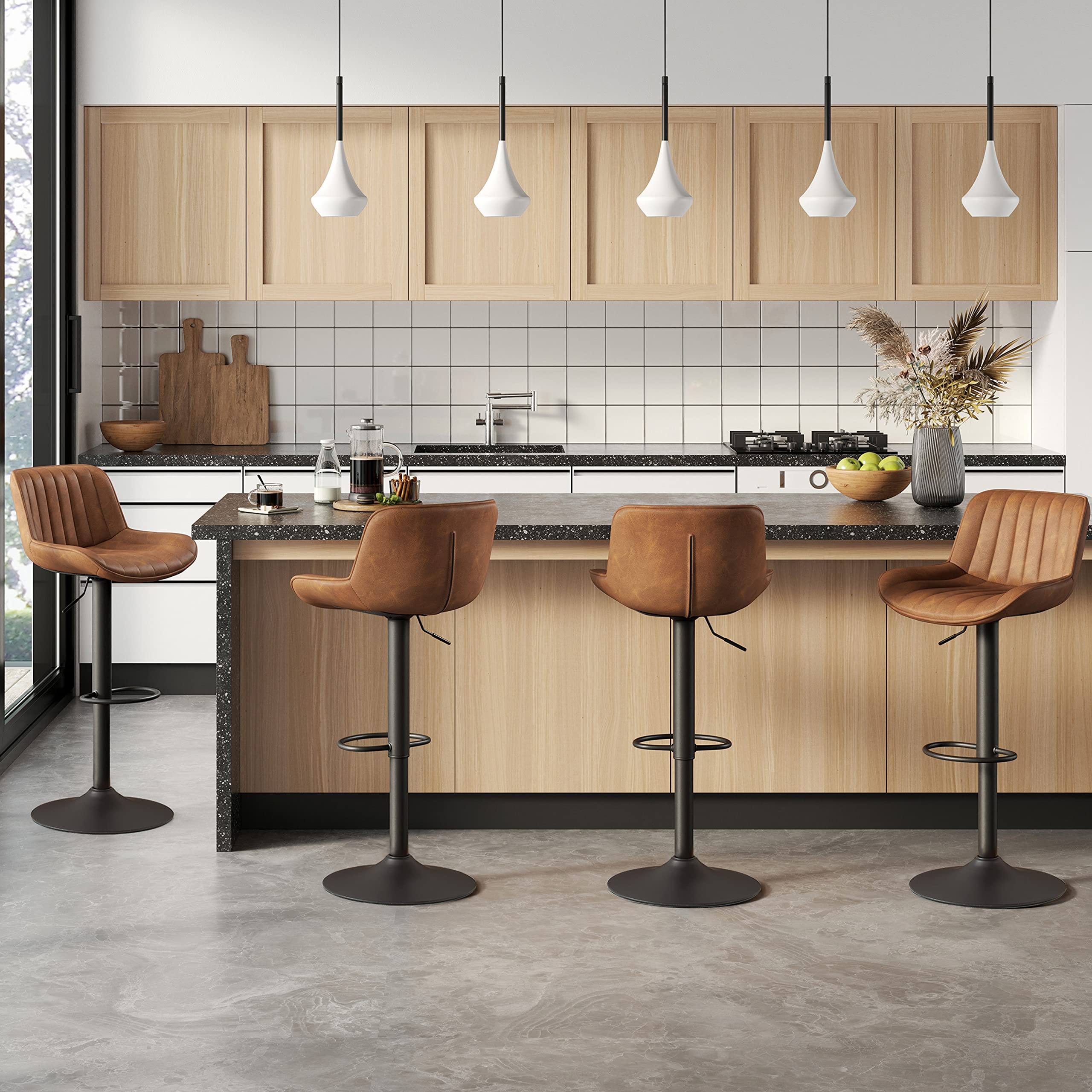 Volans Mid Century Modern Bar Stools Set of 4 - Adjustable Height Swivel Bar Chairs with Faux Leather Upholstery & Black Powder Coated Base - Perfect for Kitchen Islands, Home Bars & Dining Counter Areas