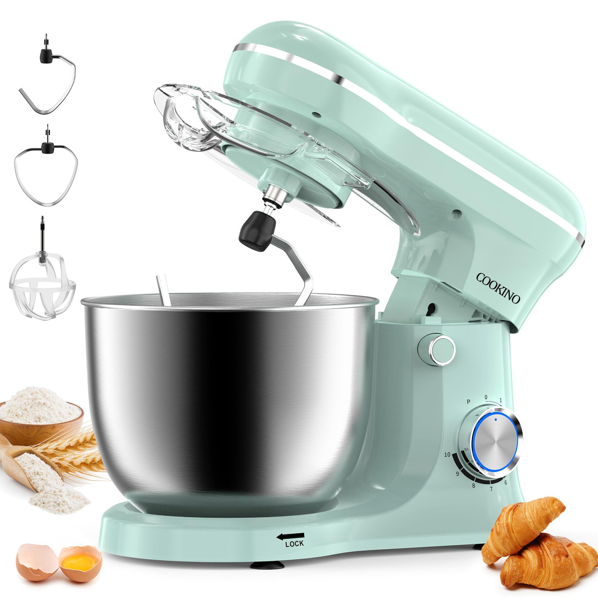 10-Speed Electric Stand Mixer with 5.5 QT Bowl - 3-in-1 Kitchen Mixer with Dough Hook, Beater & Whisk (Agave Green) - Perfect for Baking, Whipping Cream & Kneading Dough