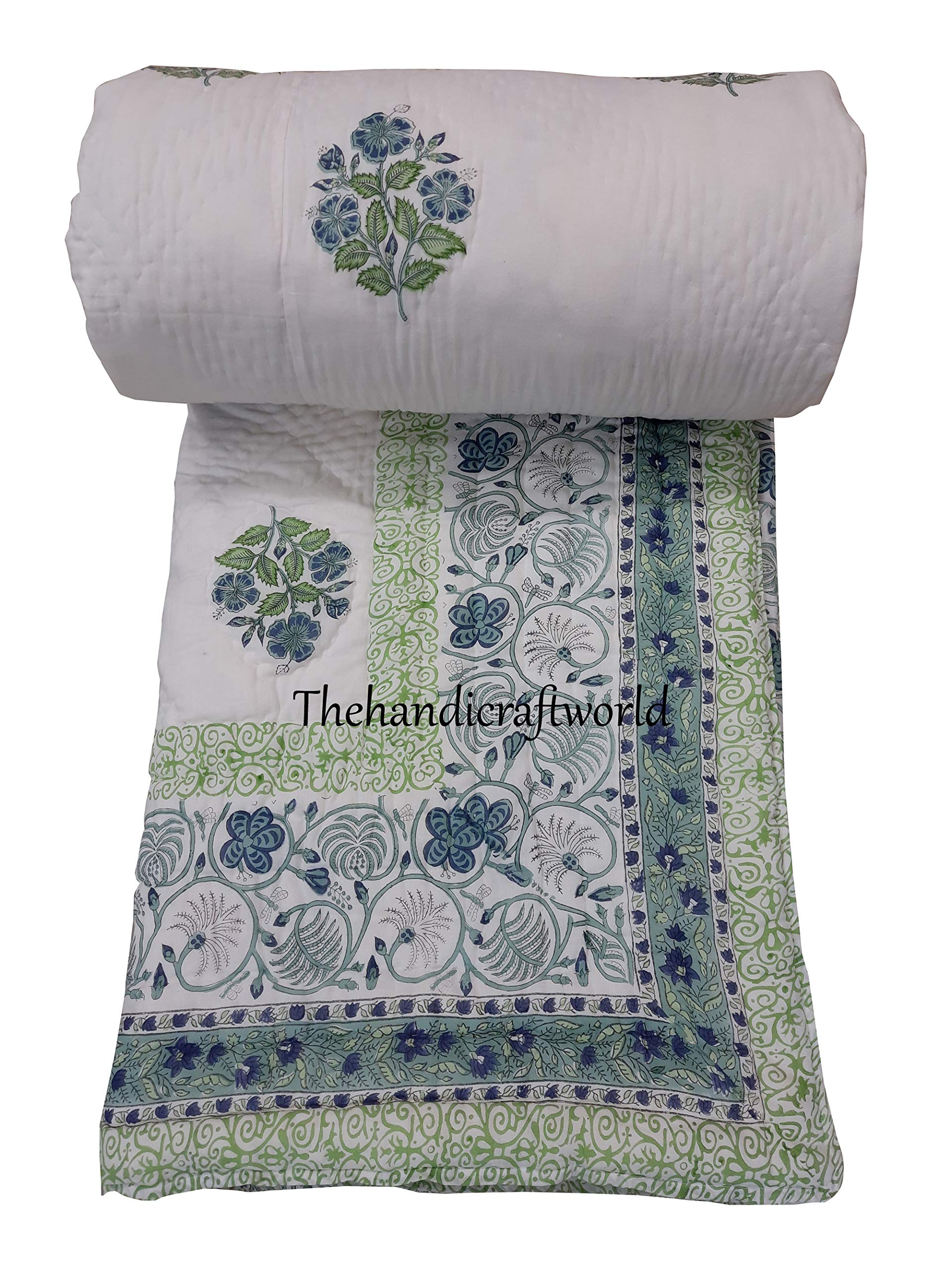 Handmade Indian White Floral Print Kantha Quilt - Twin, King & California King Sizes | 100% Cotton Kantha Throw Blanket & Bedspread | Perfect for Home Decor, Guest Rooms & Cozy Nights (60x90 Inches Twin Size)