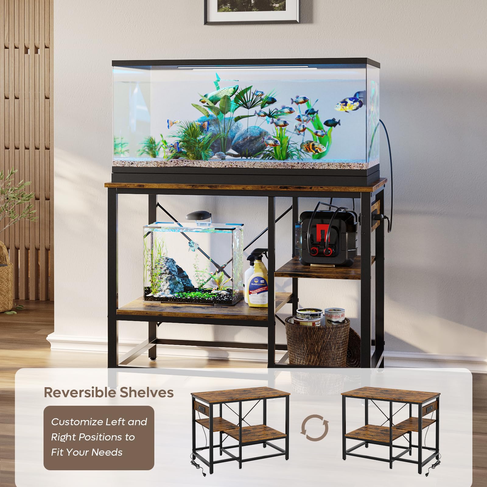 Bestier 40-50 Gallon Fish Tank Stand with Power Outlet - 36x19 Inch Heavy Duty Metal Aquarium Stand for Reptiles & Fish Tanks - 6-Leg Design with 3-Tier Adjustable Storage Shelves - 660LBS Weight Capacity - Perfect for Living Room, Bedroom or Office Decor