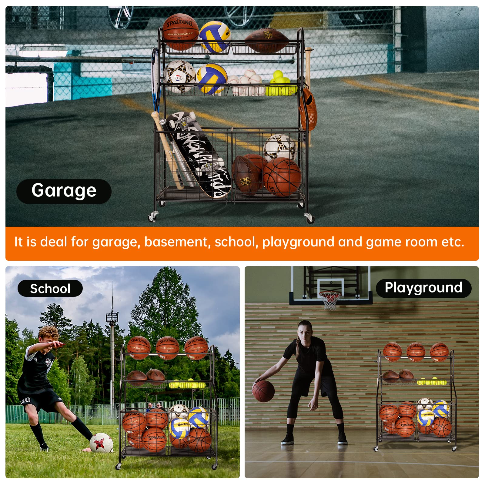 Steel Black Sports Equipment Organizer - Rolling Basketball Rack & Nerf Gun Storage for Garage, Indoor & Outdoor Use - Heavy-Duty Toy & Gear Organization System (WEY007) - Perfect for Home Gym, Playroom & Backyard Sports Storage