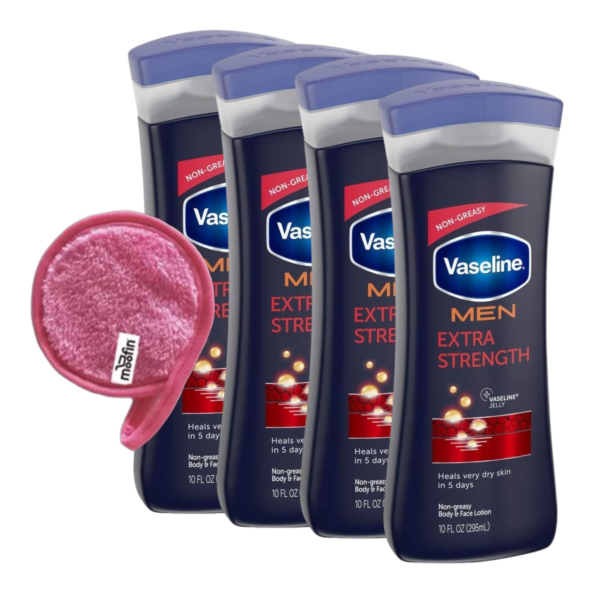 Vaseline Men Extra Strength Lotion 10oz - Intense Hydration Body Lotion for Men with Aloe & Vitamin E, Non-Greasy Formula, Soothes Shaving Irritation - Includes Makeup Cleansing Cloth - Pack of 4 - Perfect for Post-Shave Care & Daily Moisturizing