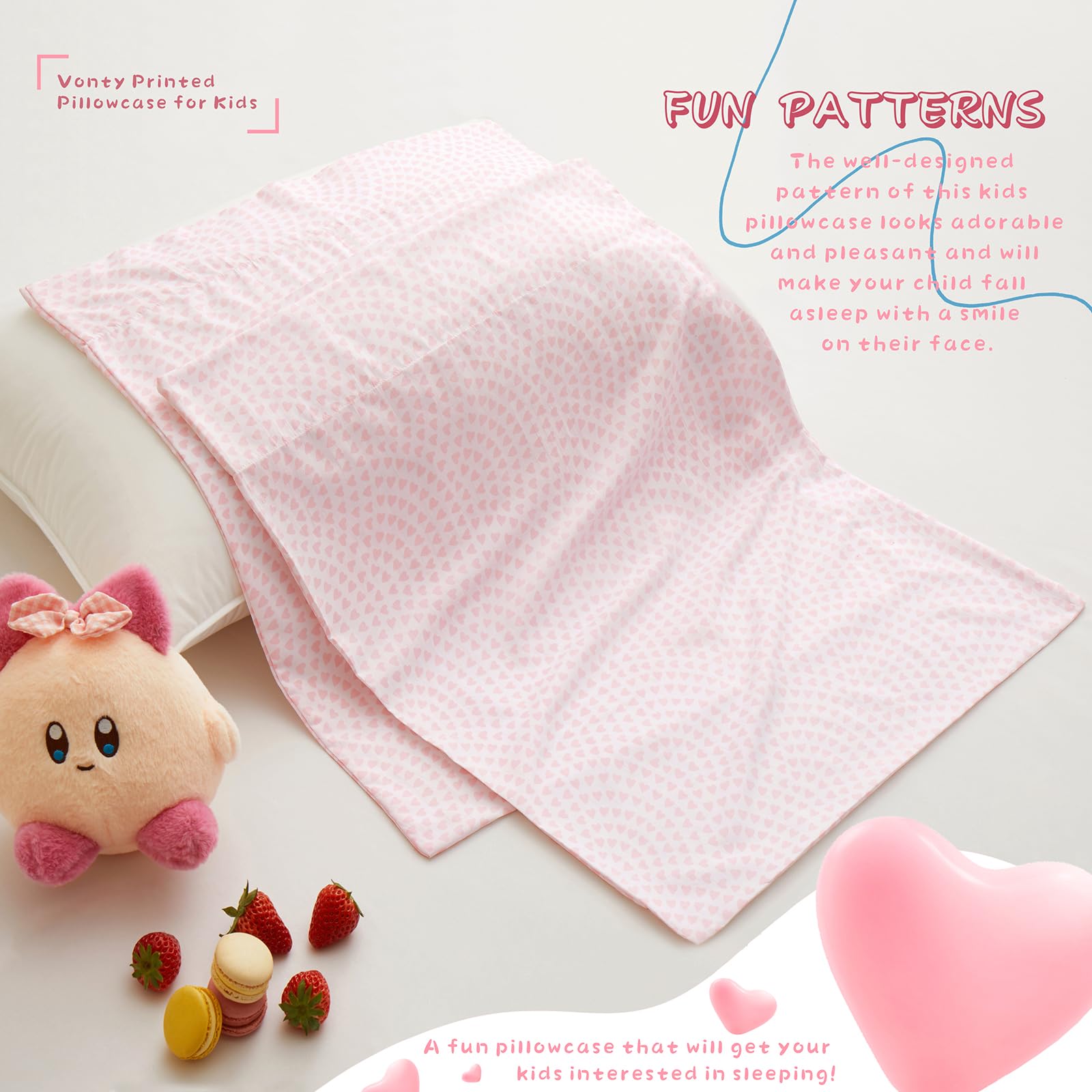 Vonty Pink Heart Printed Microfiber Kids Pillowcase Set (2 Pack) - Soft & Breathable Standard 20x26 Pillow Covers for Girls, Perfect for Bedroom Decor, Sleepovers, and Travel