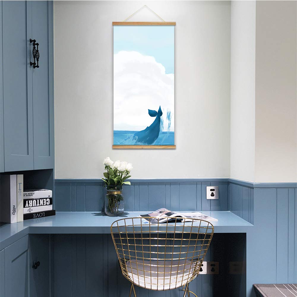 Blue Whale Wall Art Poster - 18x36 Inch Wood Frame Hanging Picture for Home & Office Decor - Perfect for Living Room, Bedroom, or Nursery