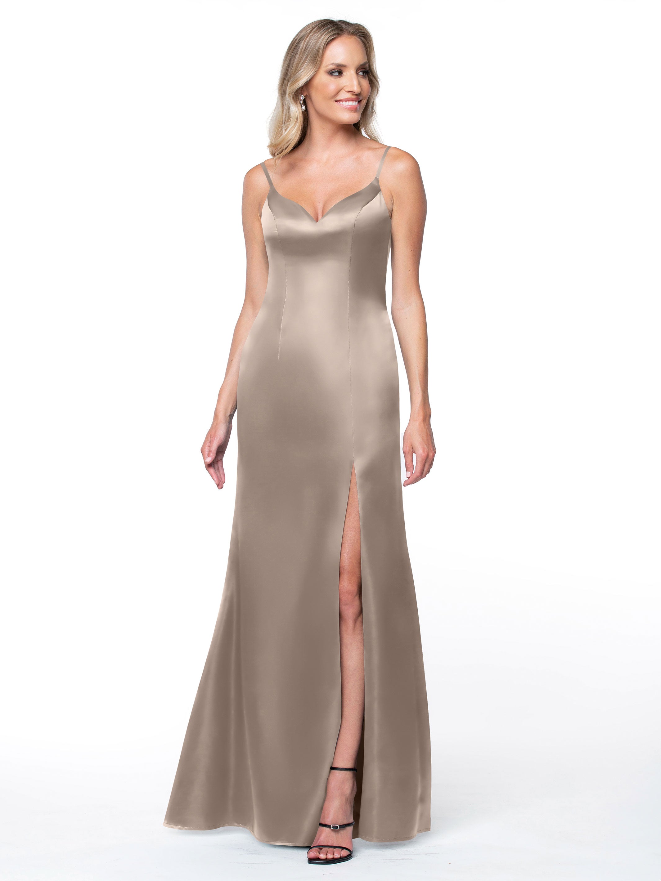 Elegant 80132 Fit and Flare Satin Bridesmaid Dress with Thigh High Slit - Perfect for Weddings, Proms, and Formal Events