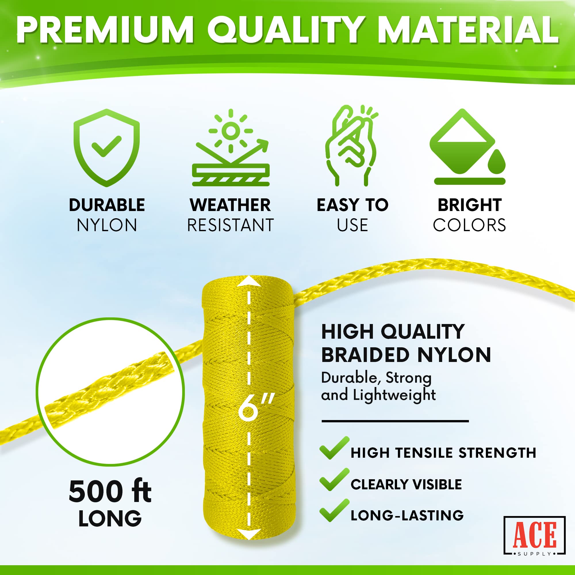 Yellow Mason Line String - 18# Braided Nylon Twine (250ft x 144 Rolls) - Heavy Duty Construction & Gardening String for Leveling, Masonry, Plant Support & Outdoor Projects